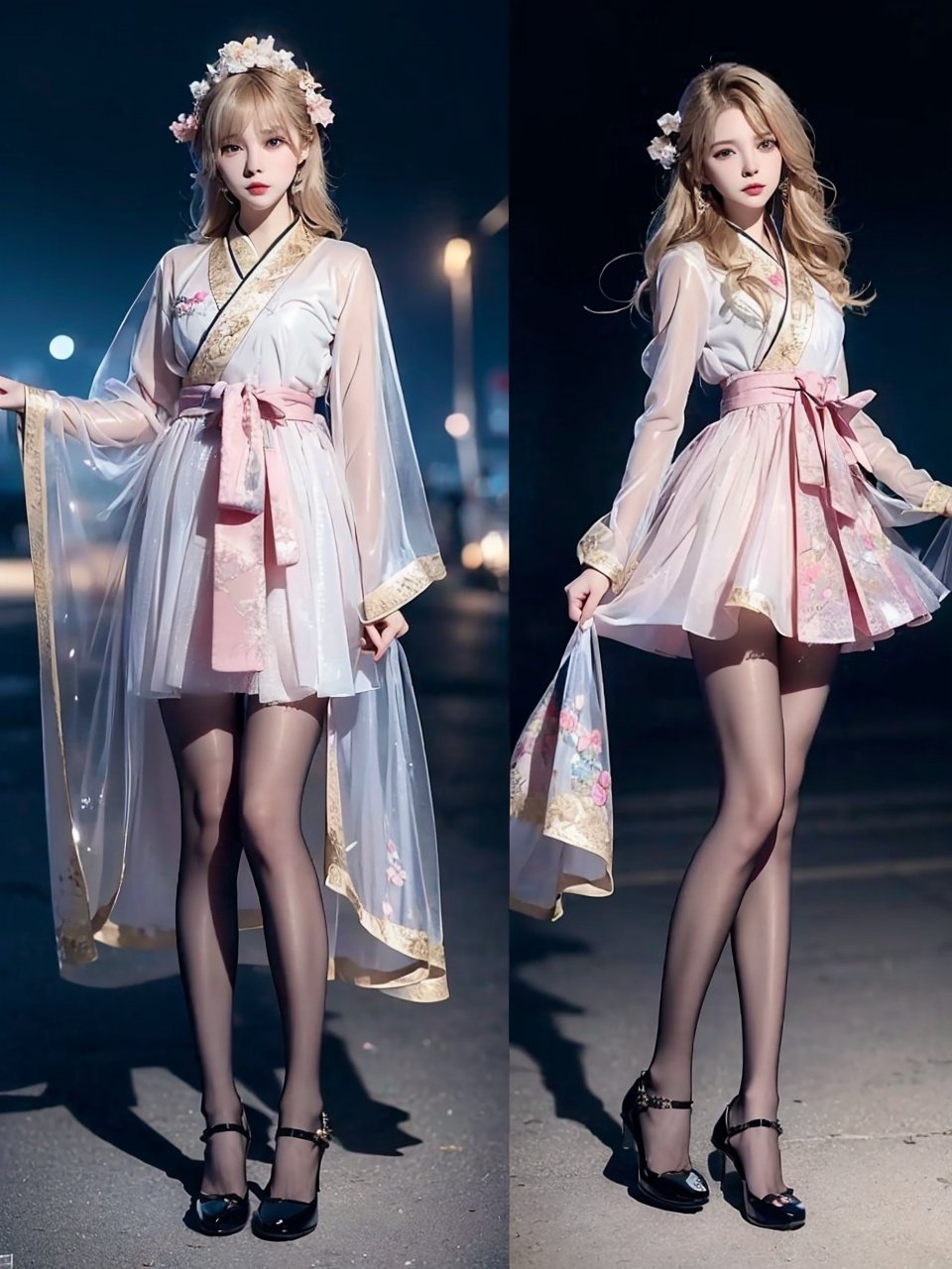 (best quality, masterpiece:1.2),ultra detailed,(photo realistic:1.4),solo,sexy lady,night beach,long_hair,blond_hair,hanbok, (((transparent heels))), (((Full_body_shot))), (((pantyhose))),