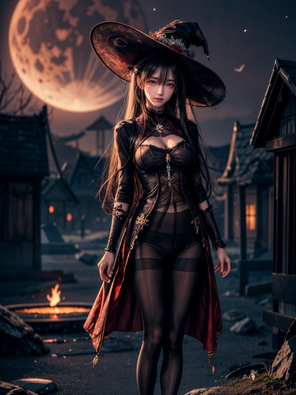 ((((((Whole_body_from_far_away)))))), (((pantyhose))), A hauntingly beautiful illustration of a witch standing in a spooky graveyard under a blood-red moon, The witch should be portrayed with fine details and realistic shading. The artwork should be in a high resolution and digitally painted by renowned artists like Luis Royo and Jasmine Becket-Griffith. The overall composition should evoke a sense of mystery and enchantment.