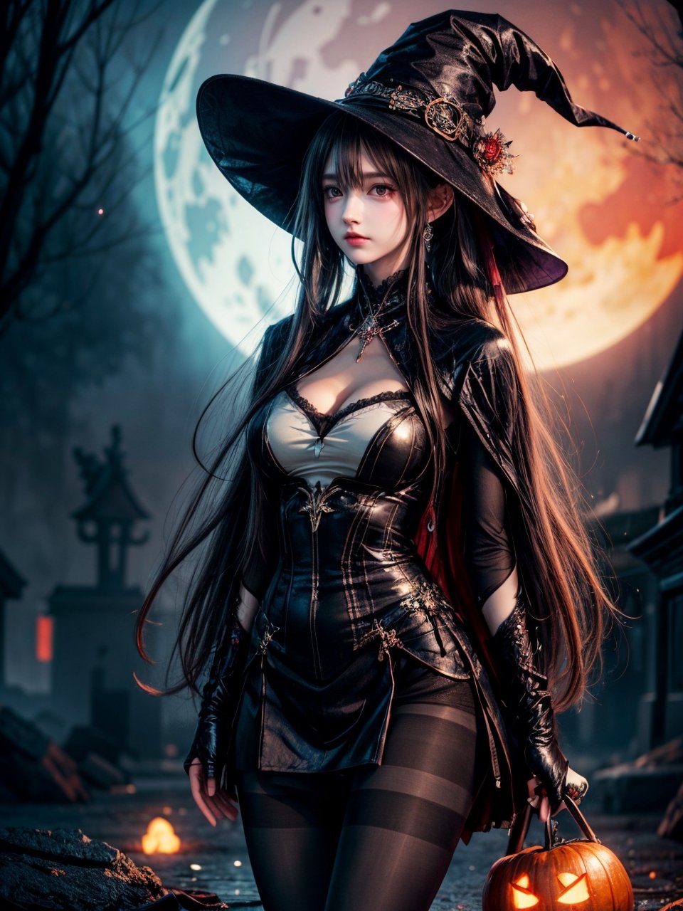(((Whole_body_from_far_away))), (((pantyhose))), A hauntingly beautiful illustration of a witch standing in a spooky graveyard under a blood-red moon. witch hat, The scene should be cinematic with Jack-o-lantern shining. The witch should be portrayed with fine details and realistic shading. The artwork should be in a high resolution and digitally painted by renowned artists like Luis Royo and Jasmine Becket-Griffith. The overall composition should evoke a sense of mystery and enchantment.