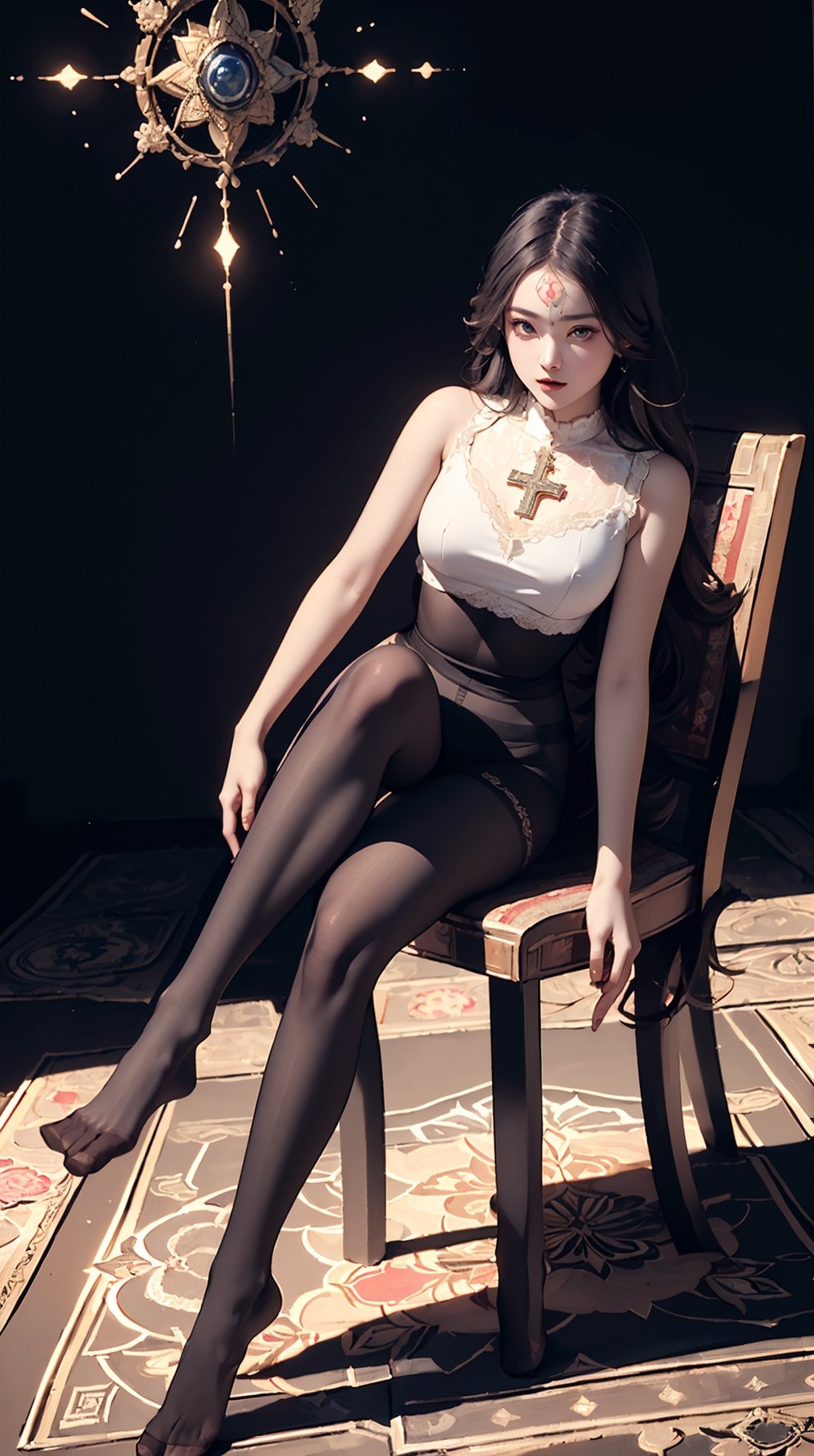 (best quality, masterpiece:1.2),ultra detailed,(((body illumination))),aura,beast and cute girl,(((illumination))),mandala, (((Full_body_shot))), (((pantyhose))), (((sit on a chair and cross one's legs))), (((low angle))),