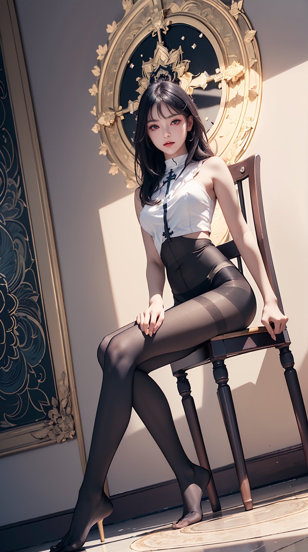 (best quality, masterpiece:1.2),ultra detailed,(((body illumination))),aura,beast and cute girl,(((illumination))),mandala, (((Full_body_shot))), (((pantyhose))), (((sit on a chair and cross one's legs))), (((low angle))),