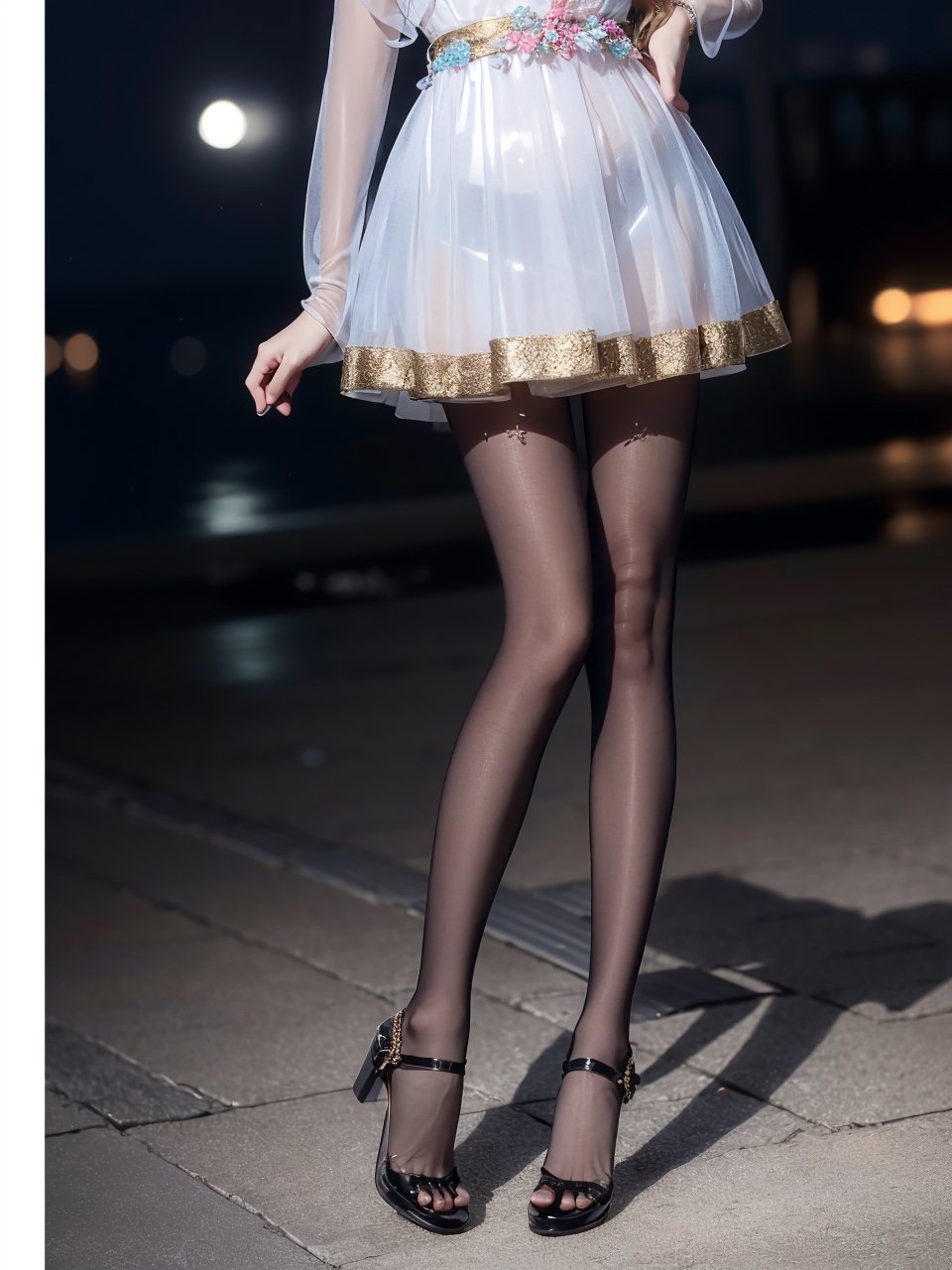 (best quality, masterpiece:1.2),ultra detailed,(photo realistic:1.4),solo,sexy lady,night beach,long_hair,blond_hair,hanbok, (((transparent heels))), (((Full_body_shot))), (((pantyhose))),