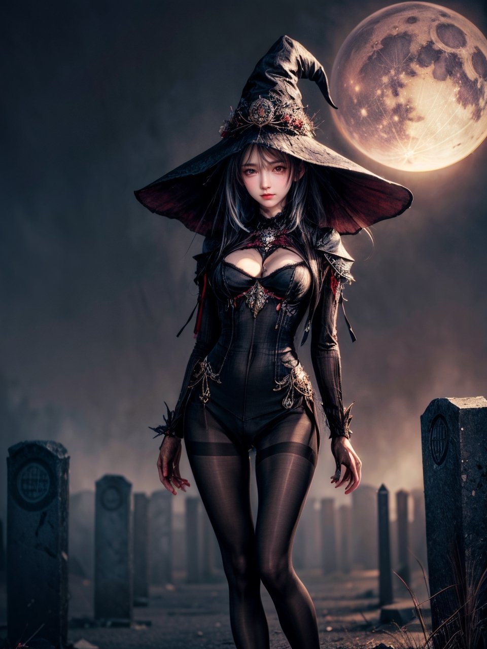 ((((((Whole_body_from_far_away)))))), (((pantyhose))), A hauntingly beautiful illustration of a witch standing in a spooky graveyard under a blood-red moon. witch hat, The scene should be cinematic with Jack-o-lantern shining. The witch should be portrayed with fine details and realistic shading. The artwork should be in a high resolution and digitally painted by renowned artists like Luis Royo and Jasmine Becket-Griffith. The overall composition should evoke a sense of mystery and enchantment.