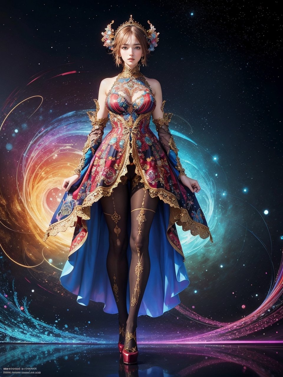 A mesmerizing and visually stunning fractal artwork featuring a single female figure, created by a renowned artist, showcasing intricate details and vibrant colors. Official art quality with a strong aesthetic appeal. High resolution rendering in 4K,(((Whole_body_from_far_away))), (((pantyhose))),