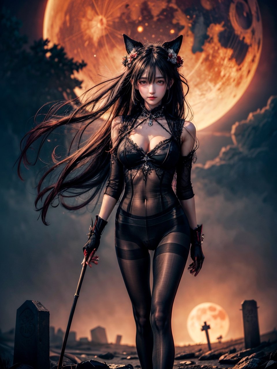 ((((((Whole_body_from_far_away)))))), (((pantyhose))), A hauntingly beautiful illustration of a witch standing in a spooky graveyard under a blood-red moon, The witch should be portrayed with fine details and realistic shading. The artwork should be in a high resolution and digitally painted by renowned artists like Luis Royo and Jasmine Becket-Griffith. The overall composition should evoke a sense of mystery and enchantment.