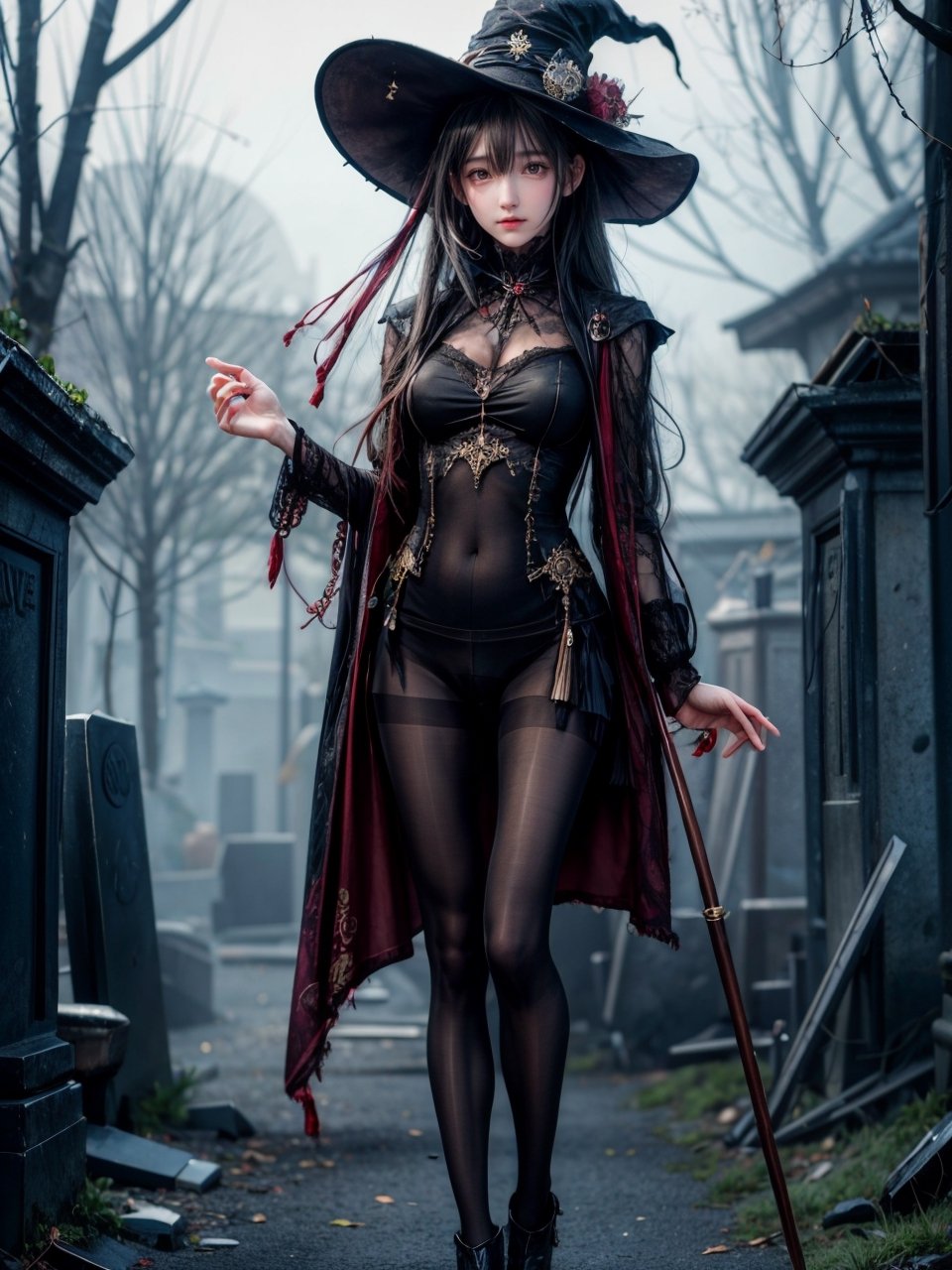 ((((((Whole_body_from_far_away)))))), (((pantyhose))), A hauntingly beautiful illustration of a witch standing in a spooky graveyard, The witch should be portrayed with fine details and realistic shading. The artwork should be in a high resolution and digitally painted by renowned artists like Luis Royo and Jasmine Becket-Griffith. The overall composition should evoke a sense of mystery and enchantment.