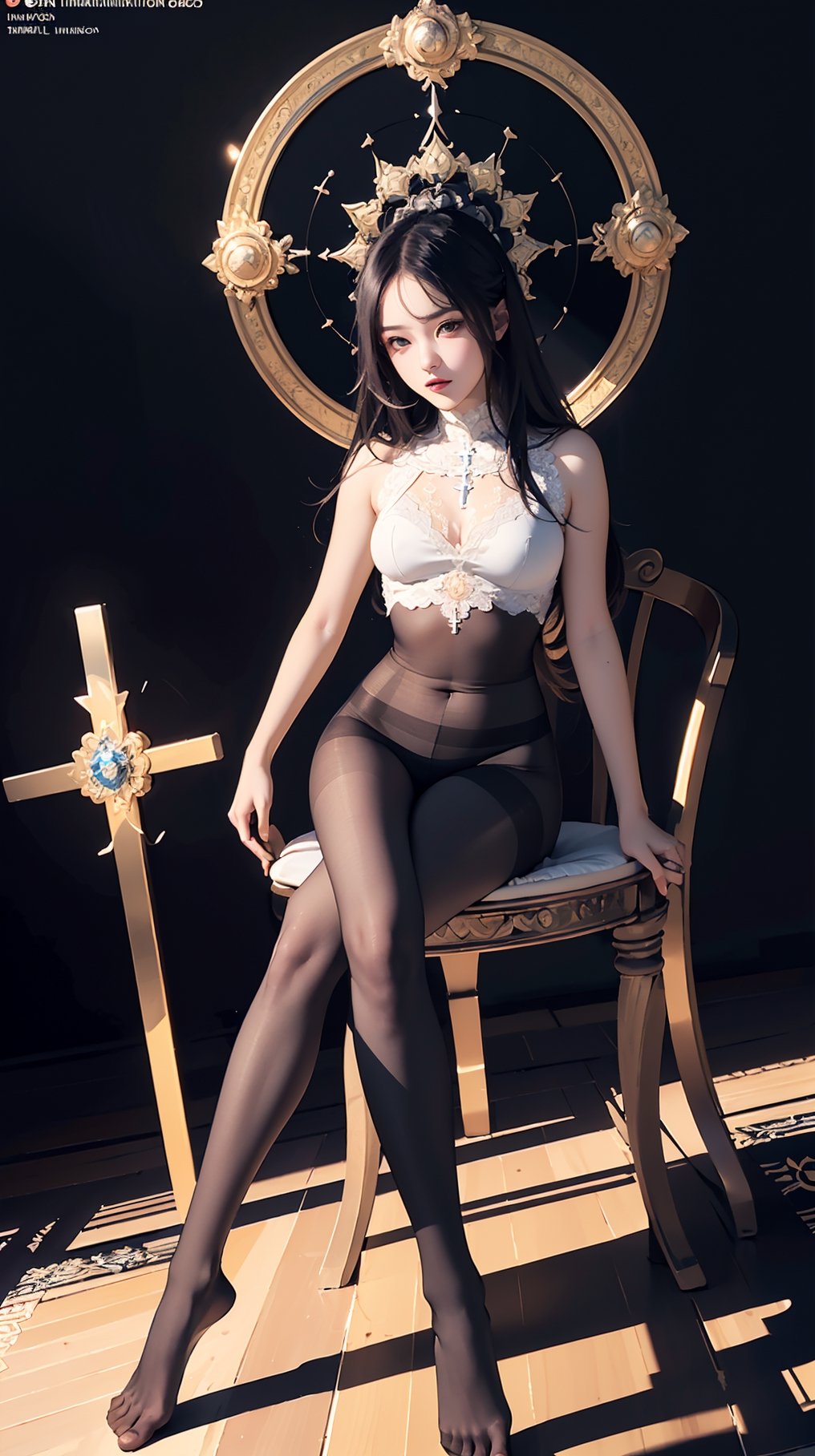 (best quality, masterpiece:1.2),ultra detailed,(((body illumination))),aura,beast and cute girl,(((illumination))),mandala, (((Full_body_shot))), (((pantyhose))), (((sit on a chair and cross one's legs))), (((low angle))), (3girl),