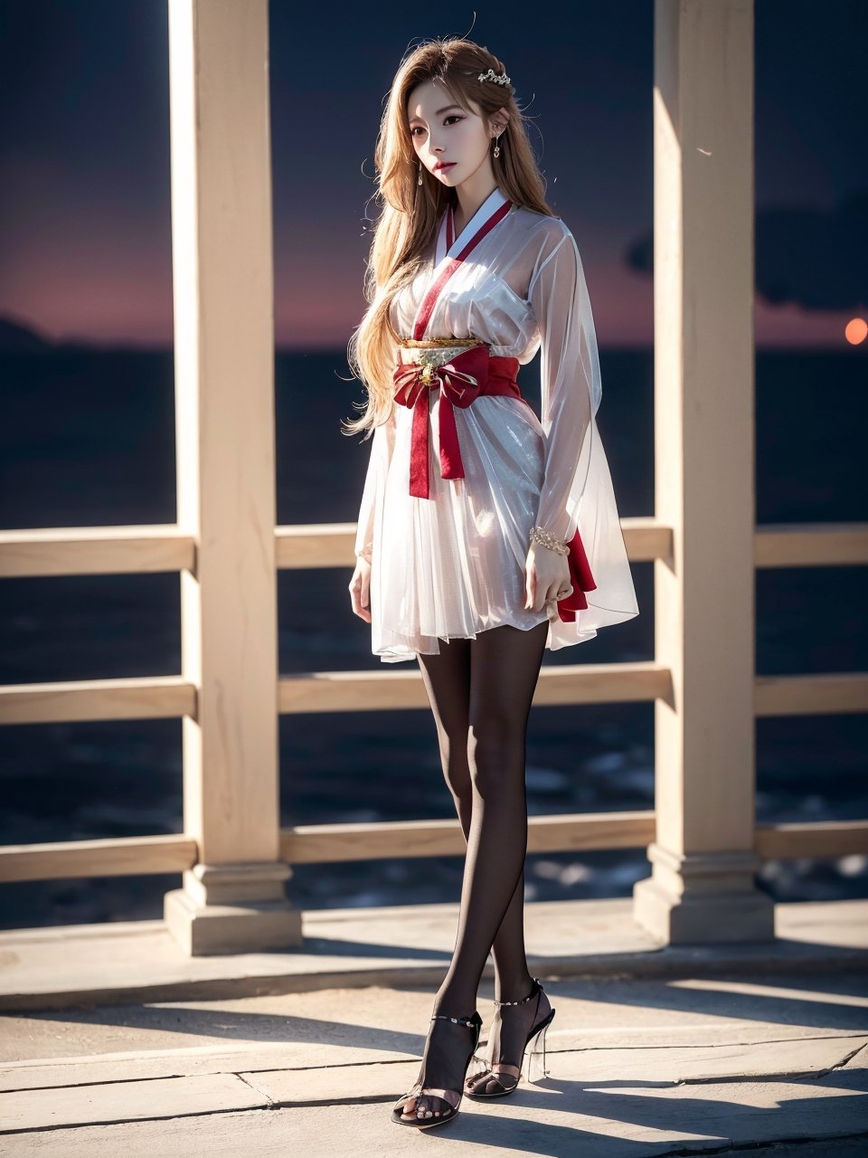 (best quality, masterpiece:1.2),ultra detailed,(photo realistic:1.4),solo,sexy lady,night beach,long_hair,blond_hair, hanbok, (((transparent heels))), (((Full_body_shot))), (((pantyhose))),