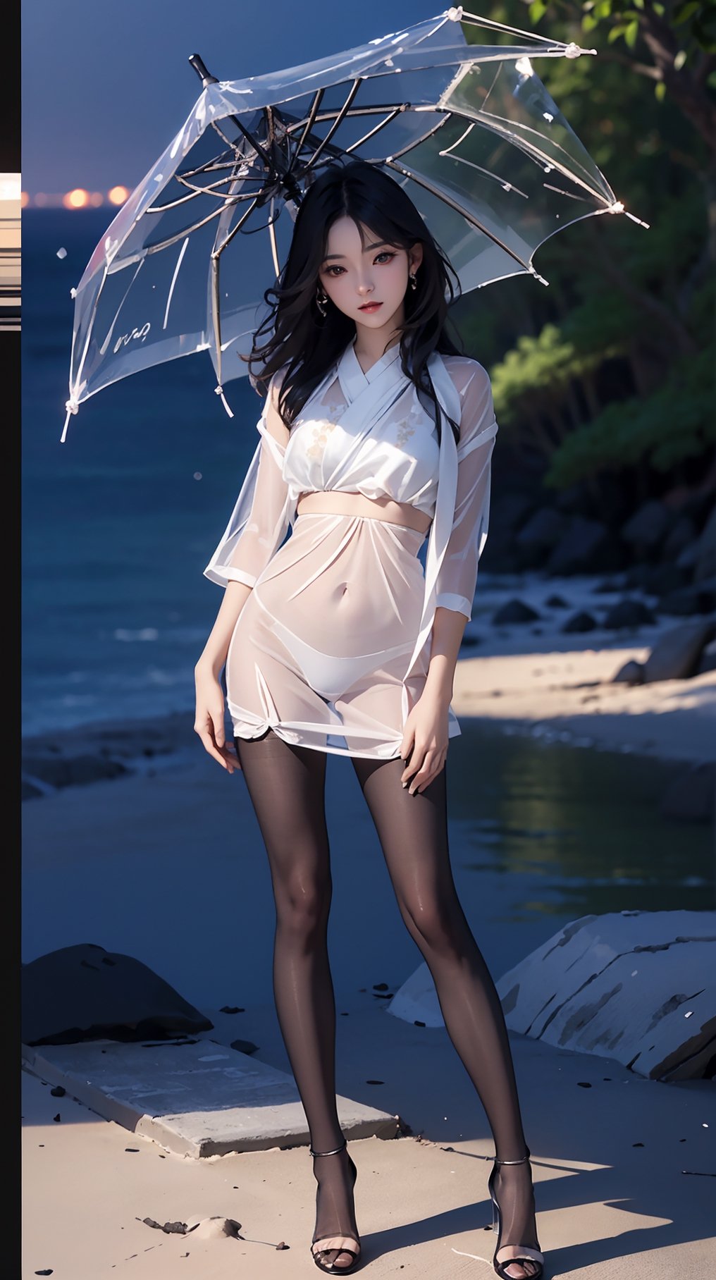 (best quality, masterpiece:1.2),ultra detailed,(photo realistic:1.4),solo,sexy lady,night beach,long_hair,black_hair, legs_spread,hanbok, (((transparent heels))), (((Full_body_shot))), (((pantyhose))),black pantyhose