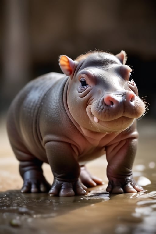 professional photos of a tiny hippopotamus, many details, soft light