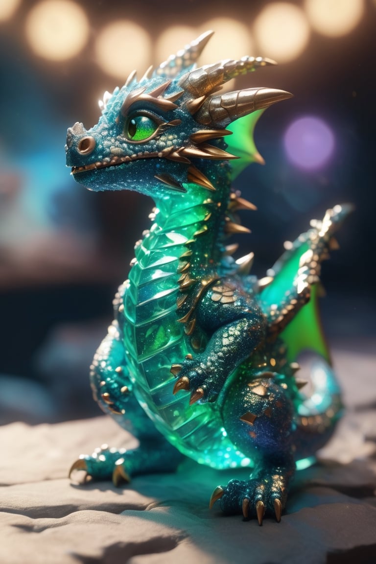 [Foreground: Baby Dragon; Texture: Arsenic Crystals; Insanely detailed, photorealistic, Shot on a Sony A7RIII] + [Background: Museum; Dynamic Light, 3D Render] [Ambient: Bokeh lights, sparkles]