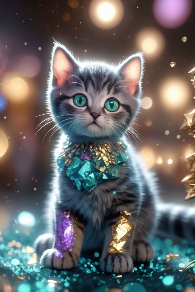 [Foreground: Baby cat; Texture: Arsenic Crystals; Insanely detailed, photorealistic, Shot on a Sony A7RIII] + [Background: Museum; Dynamic Light, 3D Render] [Ambient: Bokeh lights, sparkles]