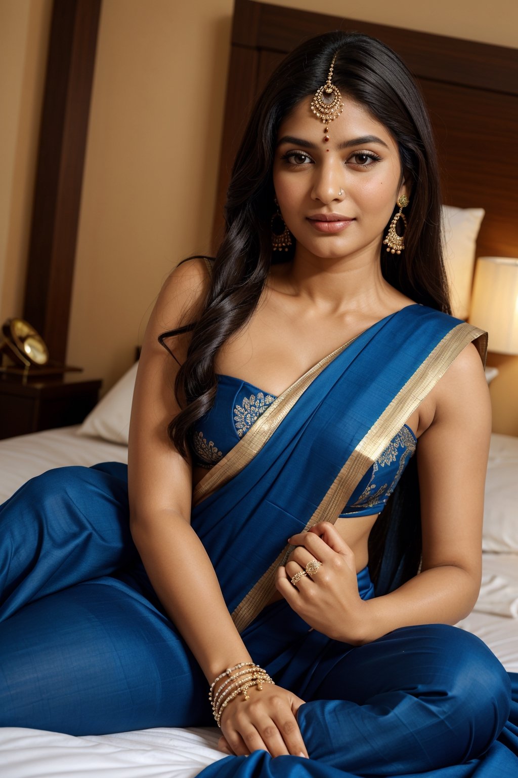 show complete woman, beautiful traditonal indian, wearing indian saree in blue color, full body, only one woman, extra long hair, bindi, beautiful arms, beautiful fingers, beautiful foot, with jewellery, closeup of face, full face, brown eyes, only 2 hands, lying in bed, full body, large breasts