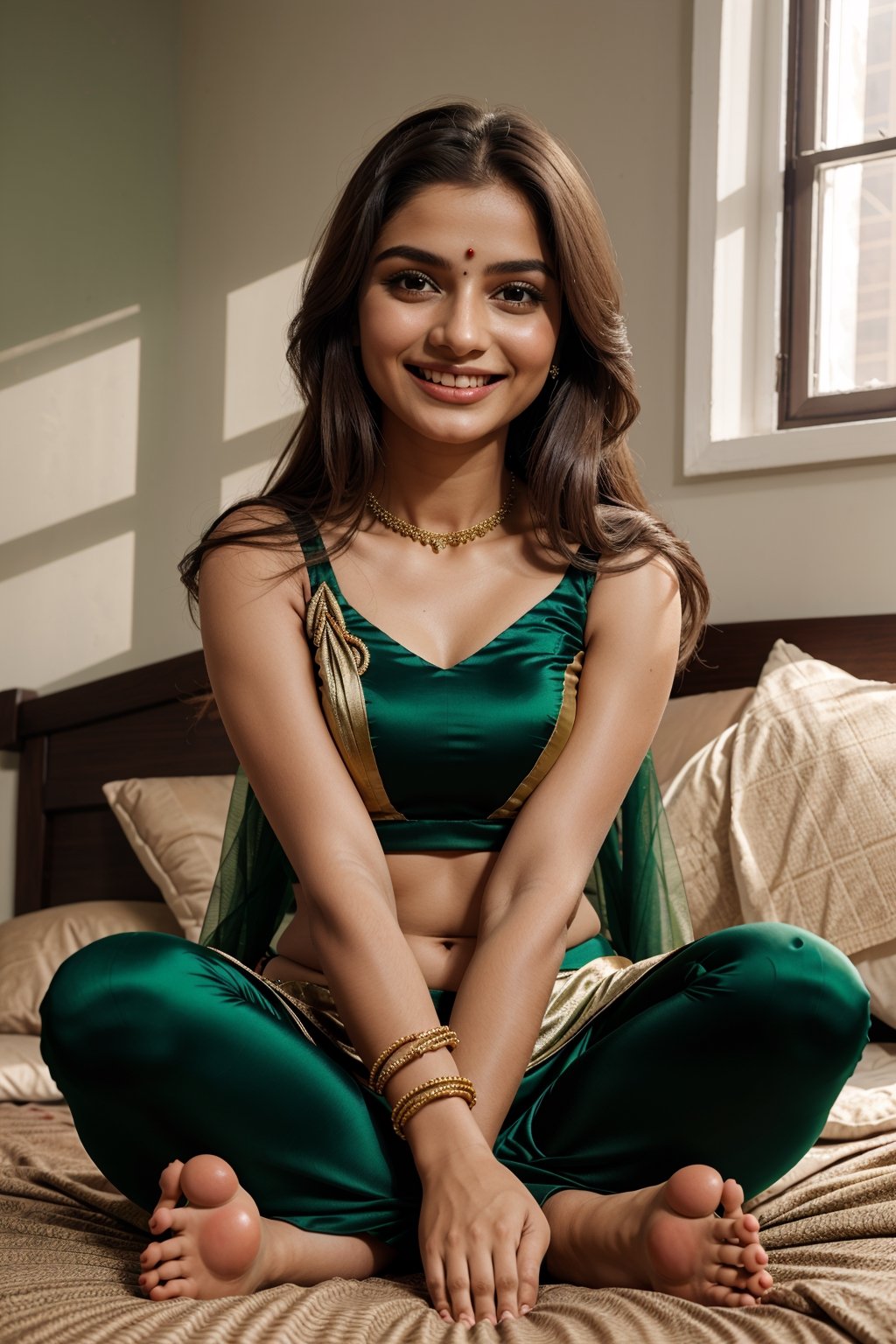 show complete woman, beautiful traditonal indian, wearing indian lehenga in green color, full body, only one woman, extra long staright silky hair, bindi, beautiful arms, beautiful fingers, beautiful foot, with jewellery, closeup of face, full face, brown eyes, only 2 hands, naughty smile, sitting on bed