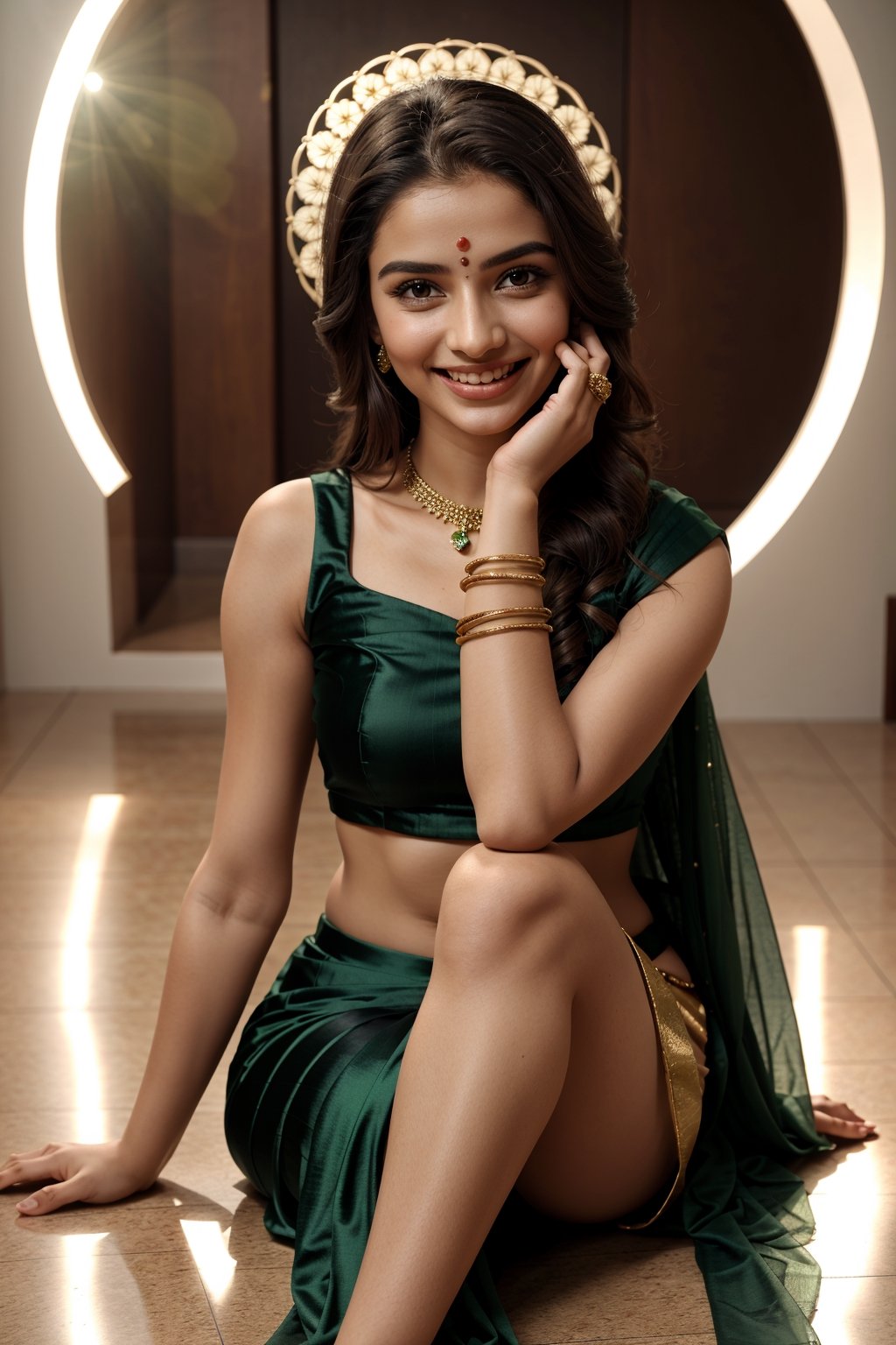 show complete woman, beautiful traditonal indian, wearing indian lehenga in green color, full body, only one woman, extra long staright silky hair, bindi, beautiful arms, beautiful fingers, beautiful foot, with jewellery, closeup of face, full face, brown eyes, only 2 hands, naughty smile, sitting, normal fingers, sexy, hot