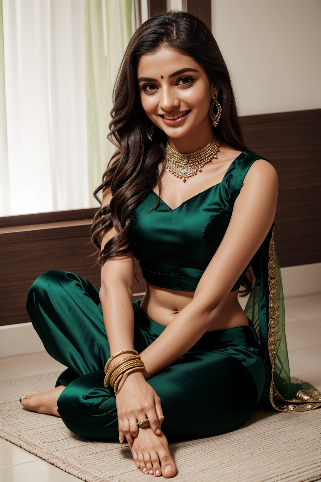 show complete woman, beautiful traditonal indian, wearing indian lehenga in green color, full body, only one woman, extra long staright silky hair, bindi, beautiful arms, beautiful fingers, beautiful foot, with jewellery, closeup of face, full face, brown eyes, only 2 hands, naughty smile, sitting, normal fingers, sexy