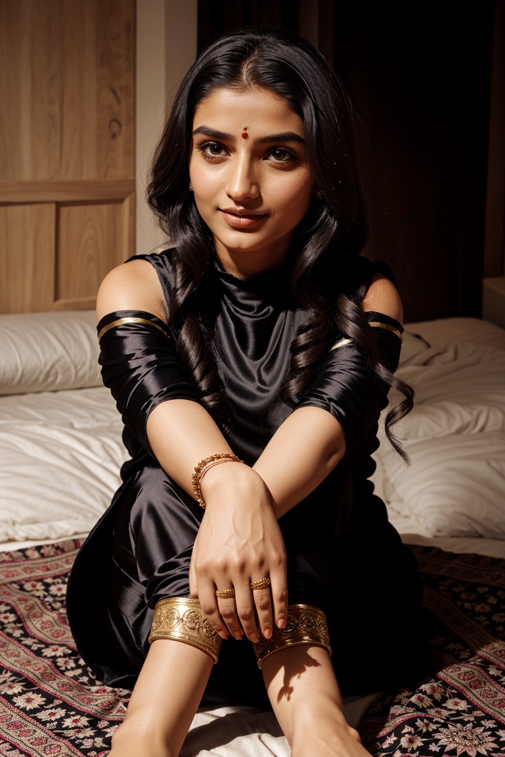 show complete woman, beautiful traditonal indian, wearing indian salwar suit in black color, full body, only one woman, extra long hair, bindi, beautiful arms, beautiful fingers, beautiful foot, with jewellery, closeup of face, full face, brown eyes, only 2 hands, 