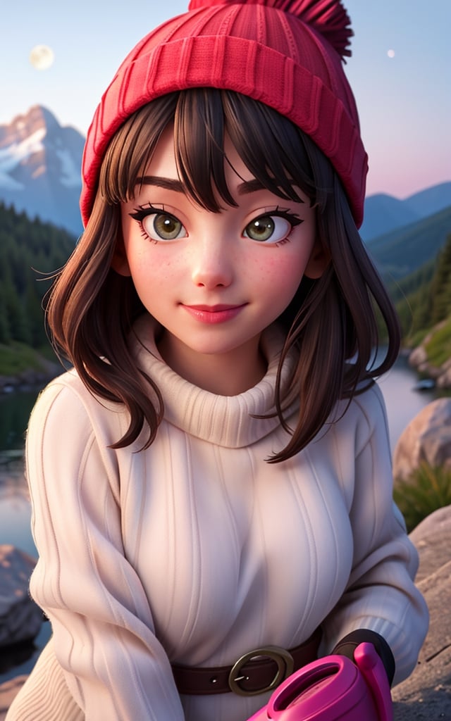 photorealistic, best quality, hyper detailed, beautiful woman, selfie photo, upper body, solo, wearing pullover, outdoors, (night), mountains, real life nature, stars, moon, (cheerful, happy), sleeping bag, gloves, sweater, beanie, flashlight, forest, rocks, river, wood, smoke, fog, clear sky, analog style, looking at viewer, skin texture, film grain, close up, ultra high res, best shadow, RAW, instagram LUT,Realism,Epic