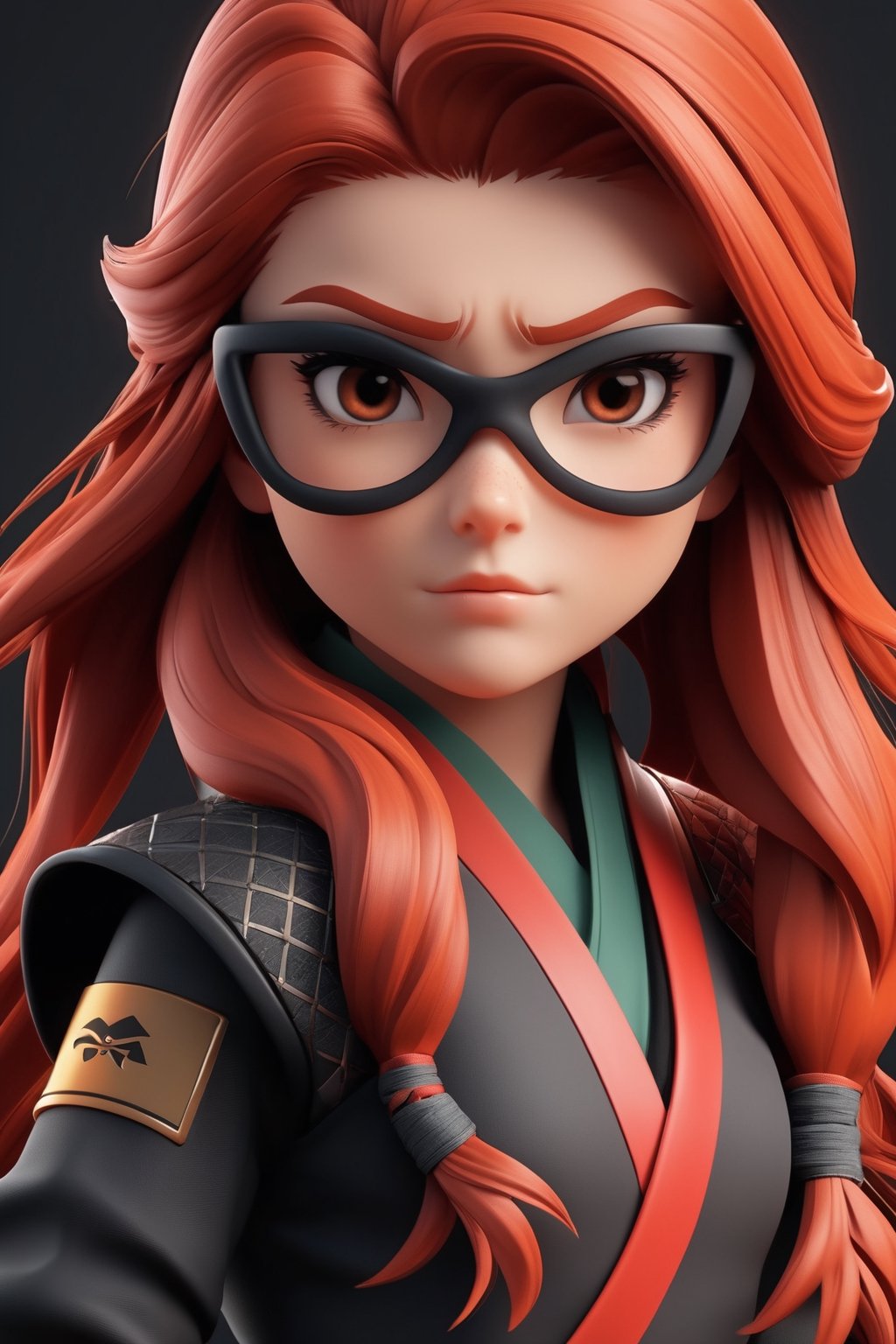 ninja little girl , with (((perfect face)))long red hair (((ultra realistic))) (((8k real))) (((perfect full body))) ,glases Blake ,3DMM,High detailed ,3D style