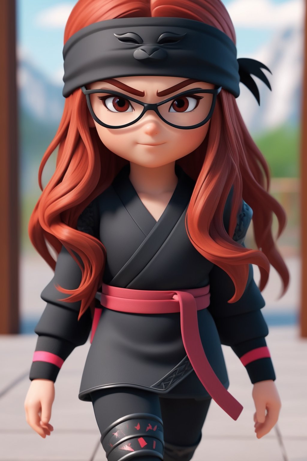 ninja little girl , with (((perfect face)))long red hair (((ultra realistic))) (((8k real))) (((perfect full body))) ,glases Blake ,3DMM,High detailed ,3D style