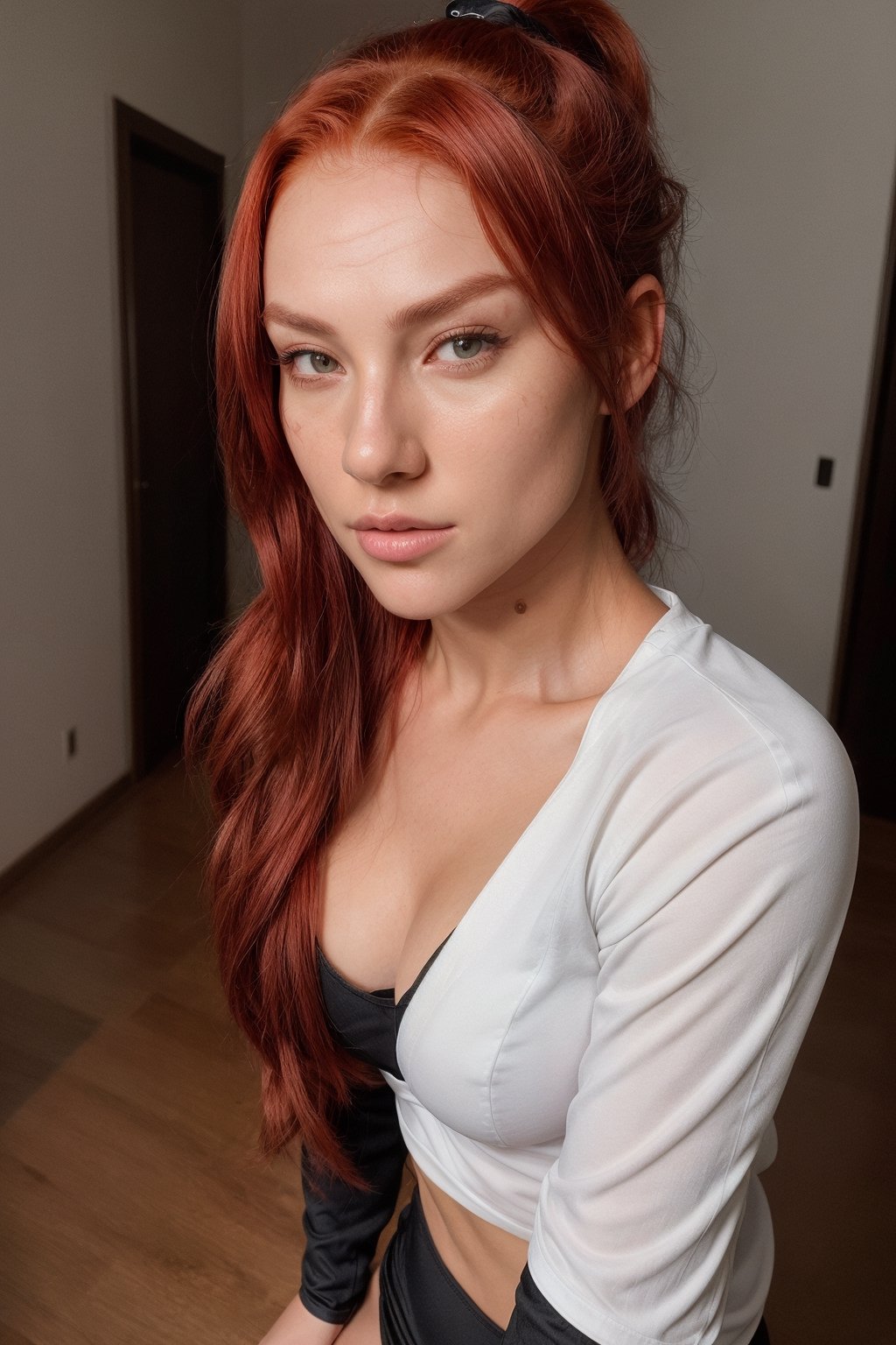 ninja girl, with (((perfect face)))long red hair (((ultra realistic))) (((8k real))) (((perfect full body))) ,glases Blake 