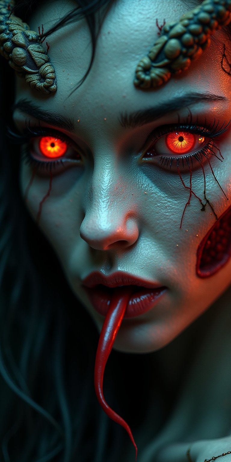 a beautiful female demon worthy of a scene from a sci-fi horror movie, beautiful detailed eyes, beautiful detailed red lips, extremely detailed face and eyes, long eyelashes, long snake-like tongue, intricate insect-like features, bright compound eyes, vibrant colors, dramatic lighting, cinematic atmosphere, 32k, high quality, masterpiece, white skin (veins protruding from the skin on her face), full body view, Fantasy detailers 