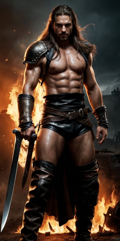 Create a high quality image, extreme details, ultra definition, extreme realism, high quality lighting, 16k UHD, a muscular Mad Max style male warrior, ((long hair)), skin mark for the battles, wielding a large sword, leather clothes, post apocalyptic abyss of background,  flames