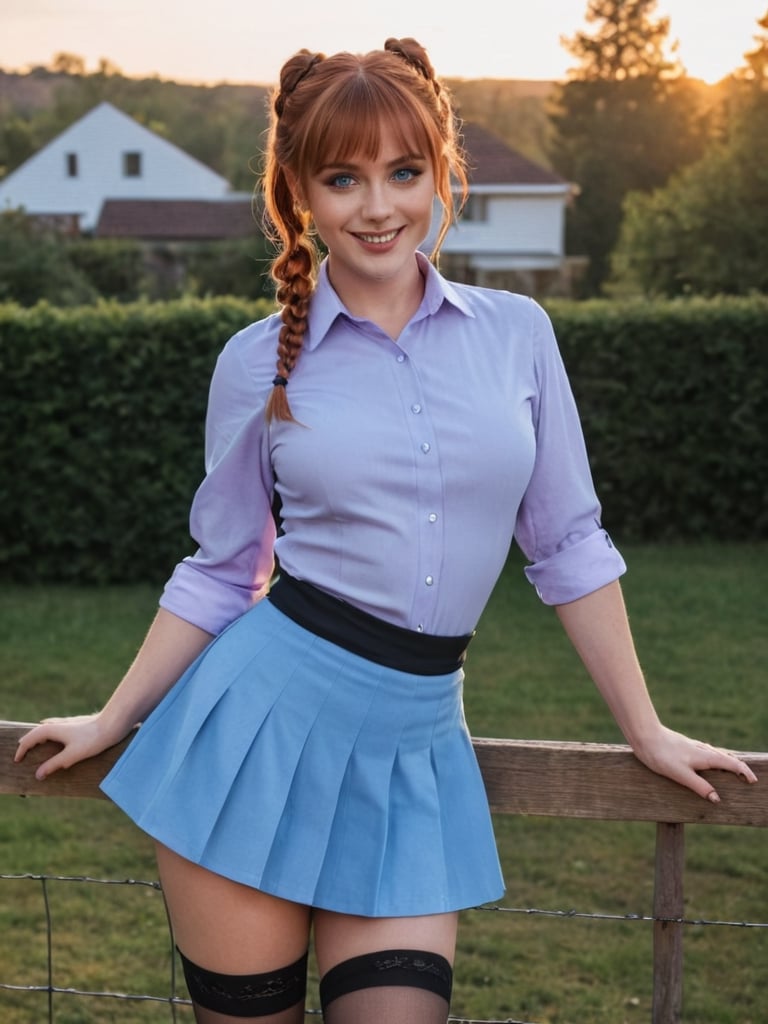 a Western woman, with reddish hair, with small braids ending in small buns, beautiful blue eyes, sensual smile, beautiful big breasts, semi-open lilac shirt, short pleated blue skirt, three-quarter black stockings with a kawaii kitten face, and women's black boots. , perfect sunset lighting, leaning on a fence of a house, with her hands behind her in a sexy pose, 8k UHD, ultra definition of details, extreme realism,Movie Still