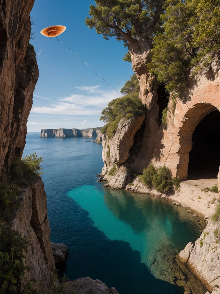 a land from another world, blue streams run through the sky, trees with red bark and blue leaves grow from the walls of a cliff, a creature looking at the camera, body of an amoeba, big eyes coming out of its long antennae, skin with an intricate iridescent texture and transparent, earthy coral-colored ground, 8k UHD, extreme realism, maximum quality, extreme surrealism