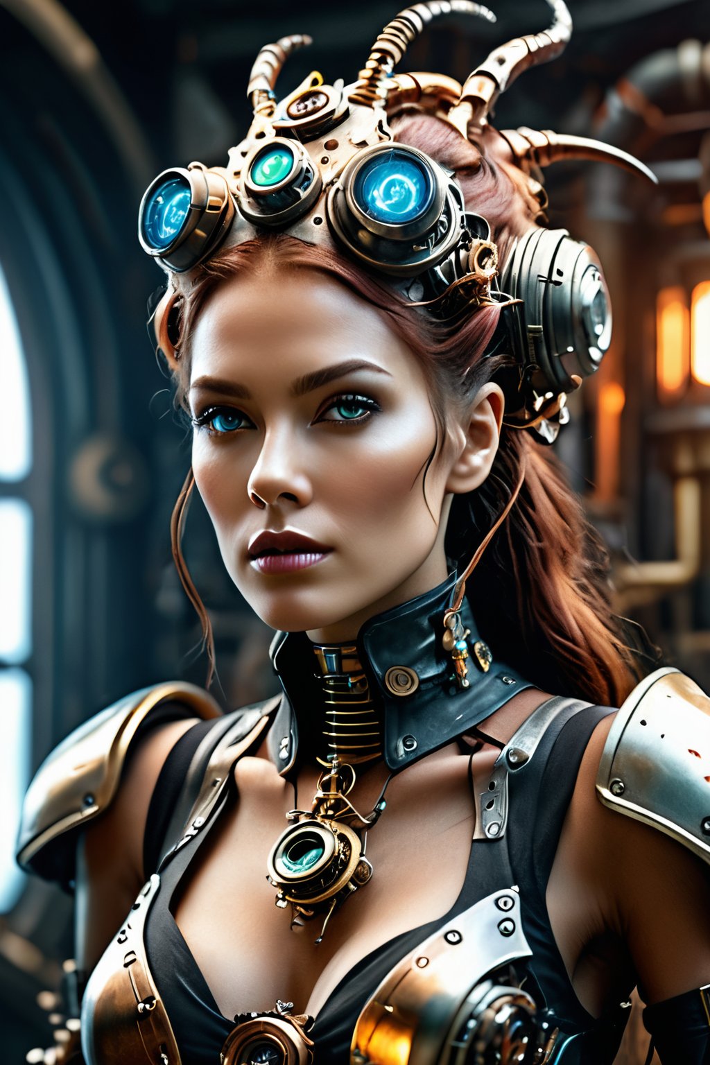 Generates a close-up portrait, a high quality image, a masterpiece, extreme details, ultra definition, extreme realism, high quality lighting, 16k UHD, a fusion between machine and organism, a biomechanical woman, steampunk elements with human tissues in A creation of science fiction and horror, ,monster