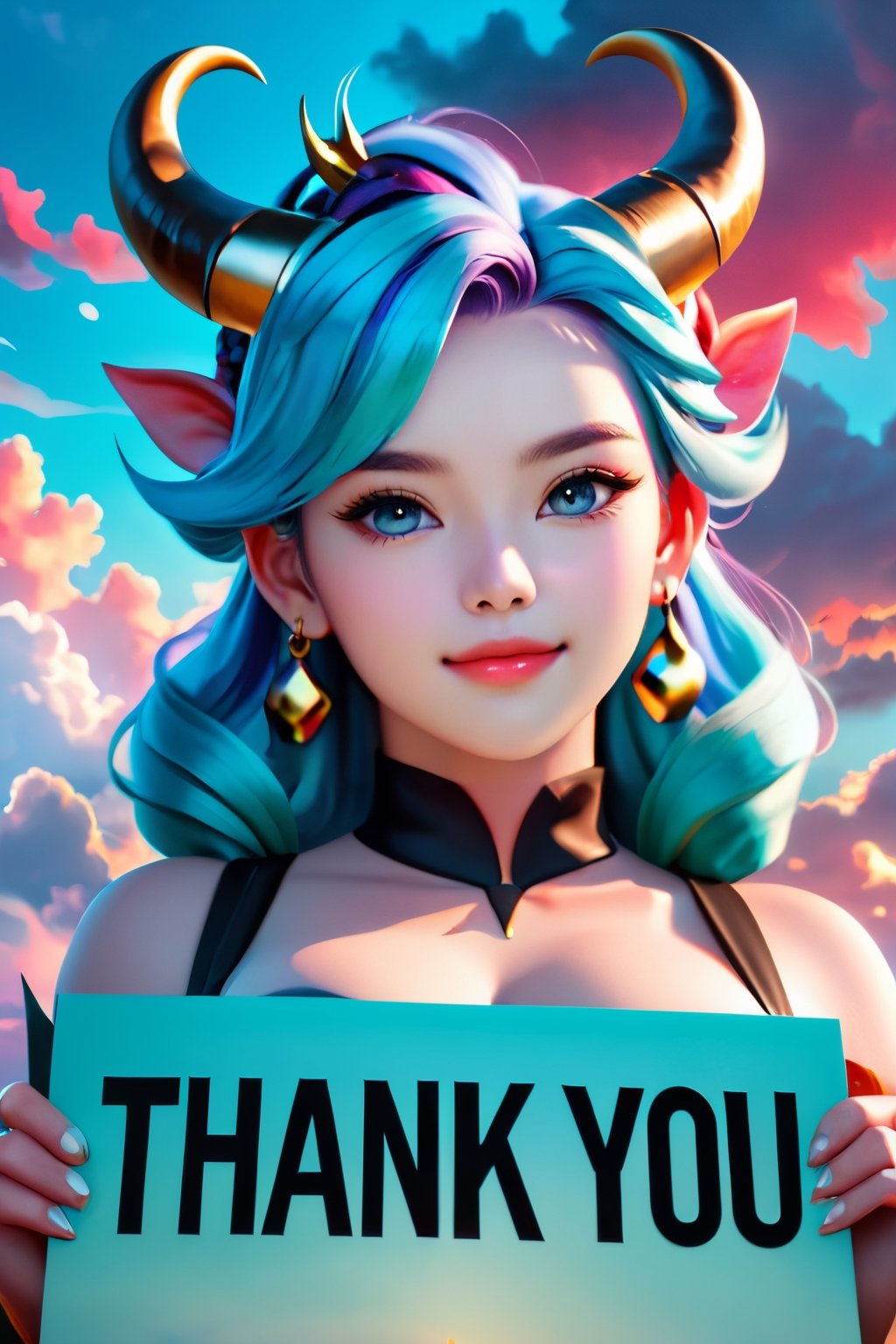 creates a high quality image, extreme details, ultra definition, extreme realism, 16k UHD,
Holding a sign text "Thank you 10K", a girl, big breasts, horns, teal hair, light blue eyes, genshin impact style dress, reddish sky, black clouds, diffuse light, mythological atmosphere,Text,text as "", 3D SINGLE TEXT,masterpiece