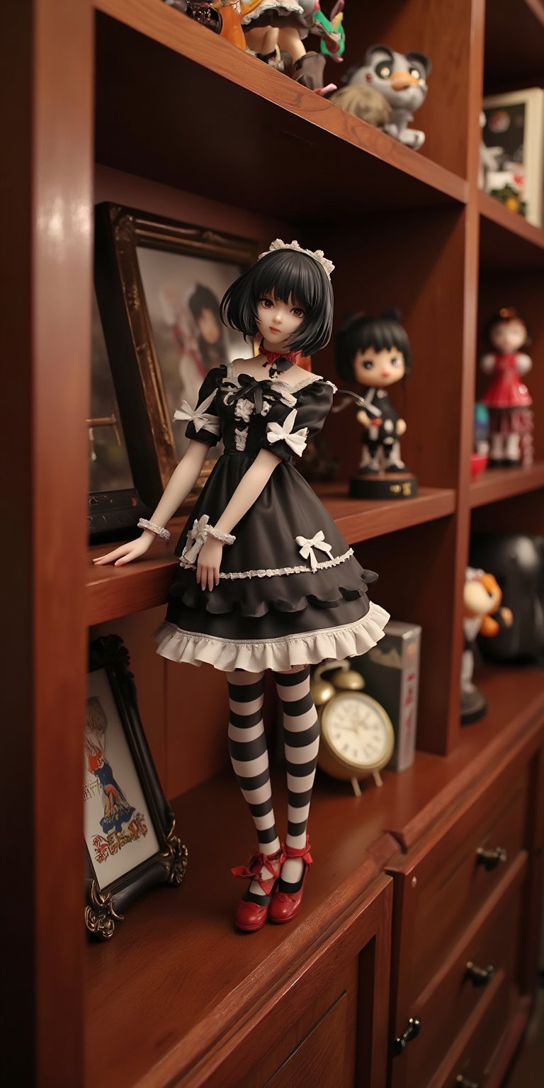 A detailed display of a Gothic Lolita anime resin figure resembling Haruhi Suzumiya standing on a shelf for exhibition. The figure is wearing a black and white frilly dress with lace and bows, striped stockings, and red shoes. The shelf is made of polished wood, with soft lighting emphasizing the delicate details of the figure. In the background, other anime figures and decorations are faintly visible, but the focus is entirely on the Gothic Lolita figure. The room is softly lit, giving the display a warm and inviting atmosphere, perfect for an anime fan's collection