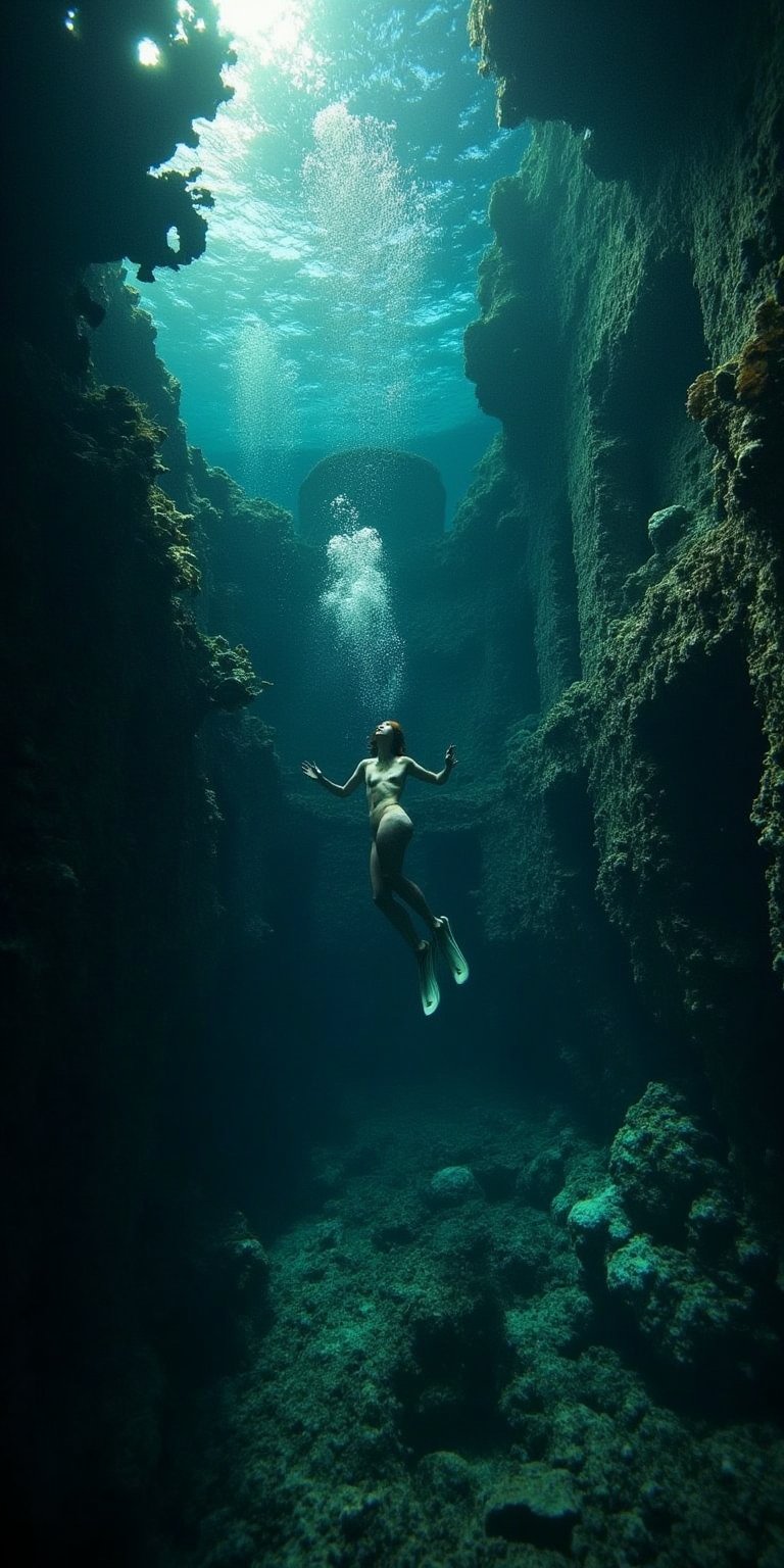 close-up view of the young woman, Deep in the Caribbean Sea, a beautiful young woman dives among the remains of a pirate shipwreck, extreme quality of detail, absolute realism, 32K UHD, maximum resolution,