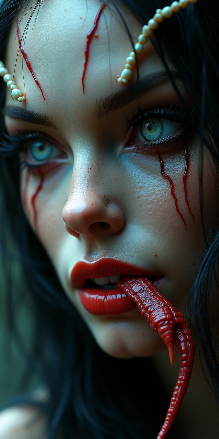 a beautiful female demon worthy of a scene from a sci-fi horror movie, beautiful detailed eyes, beautiful detailed red lips, extremely detailed face and eyes, long eyelashes, long snake-like tongue, intricate insect-like features, bright compound eyes, vibrant colors, dramatic lighting, cinematic atmosphere, 32k, high quality, masterpiece, white skin (veins protruding from the skin on her face), full body view, Fantasy detailers 