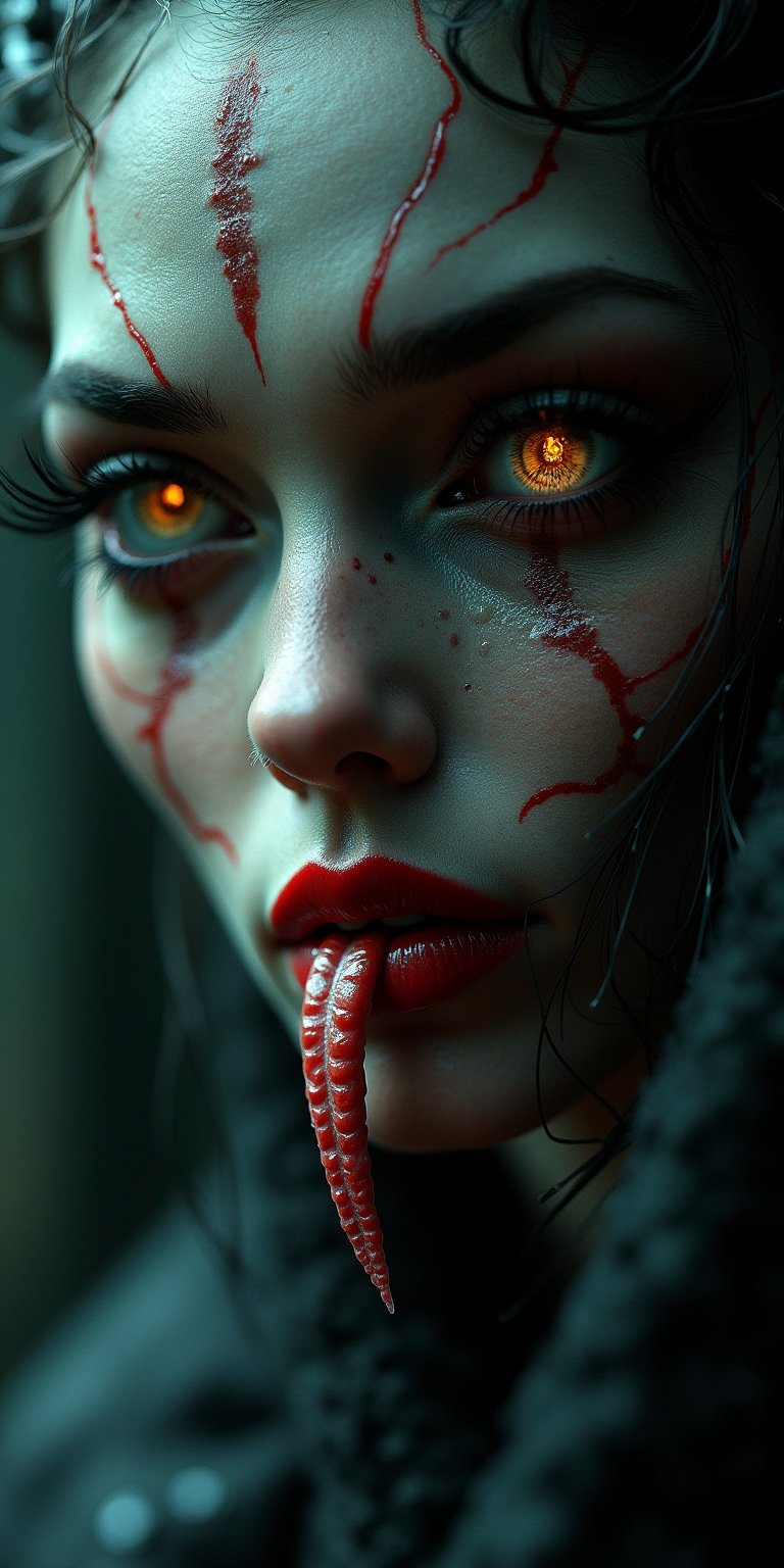 a beautiful female demon worthy of a scene from a sci-fi horror movie, beautiful detailed eyes, beautiful detailed red lips, extremely detailed face and eyes, long eyelashes, long snake-like tongue, intricate insect-like features, bright compound eyes, vibrant colors, dramatic lighting, cinematic atmosphere, 32k, high quality, masterpiece, white skin (veins protruding from the skin on her face),Fantasy detailers 