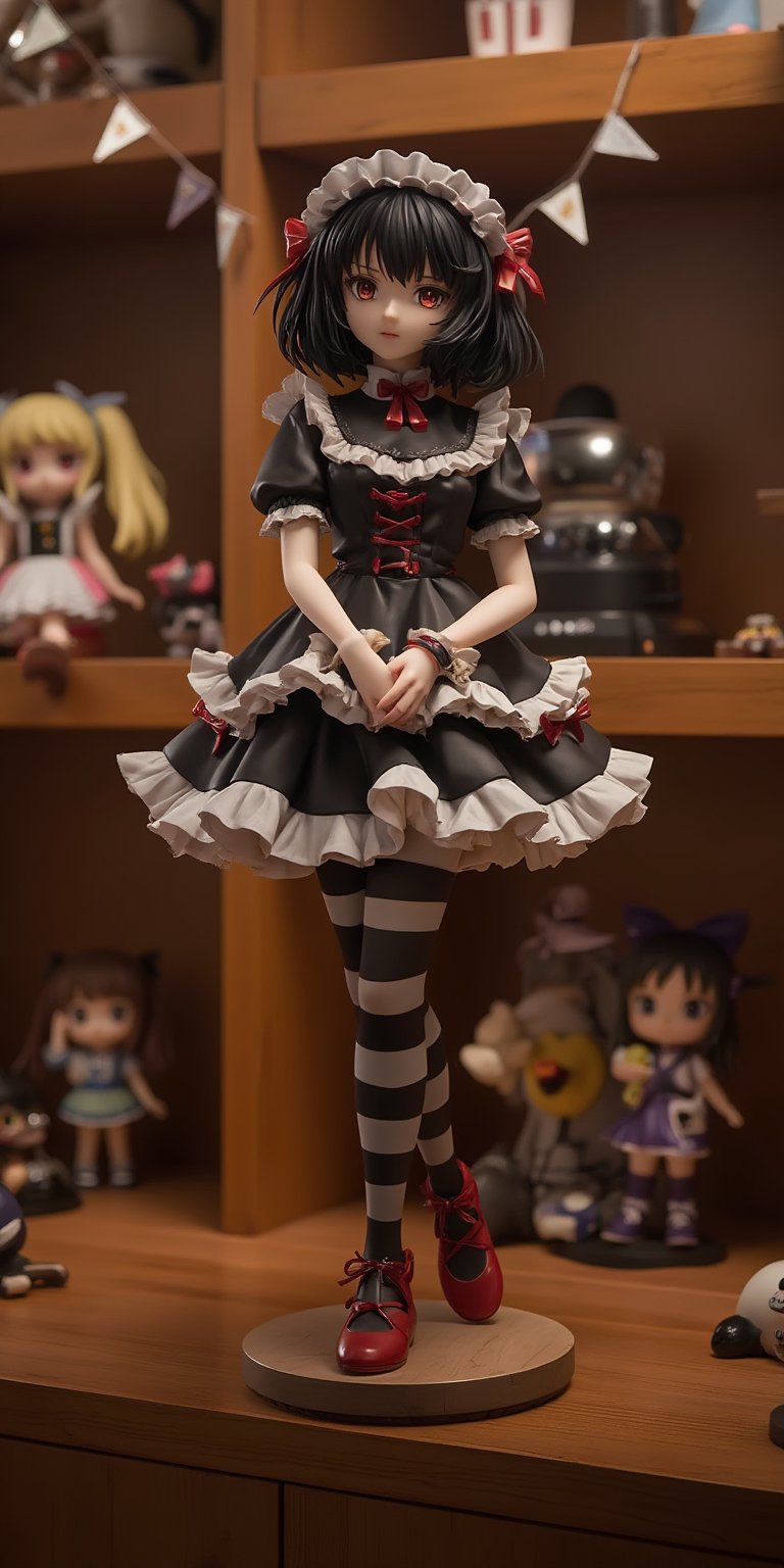 A detailed display of a Gothic Lolita anime resin figure resembling Haruhi Suzumiya standing on a shelf for exhibition. The figure is wearing a black and white frilly dress with lace and bows, striped stockings, and red shoes. The shelf is made of polished wood, with soft lighting emphasizing the delicate details of the figure. In the background, other anime figures and decorations are faintly visible, but the focus is entirely on the Gothic Lolita figure. The room is softly lit, giving the display a warm and inviting atmosphere, perfect for an anime fan's collection