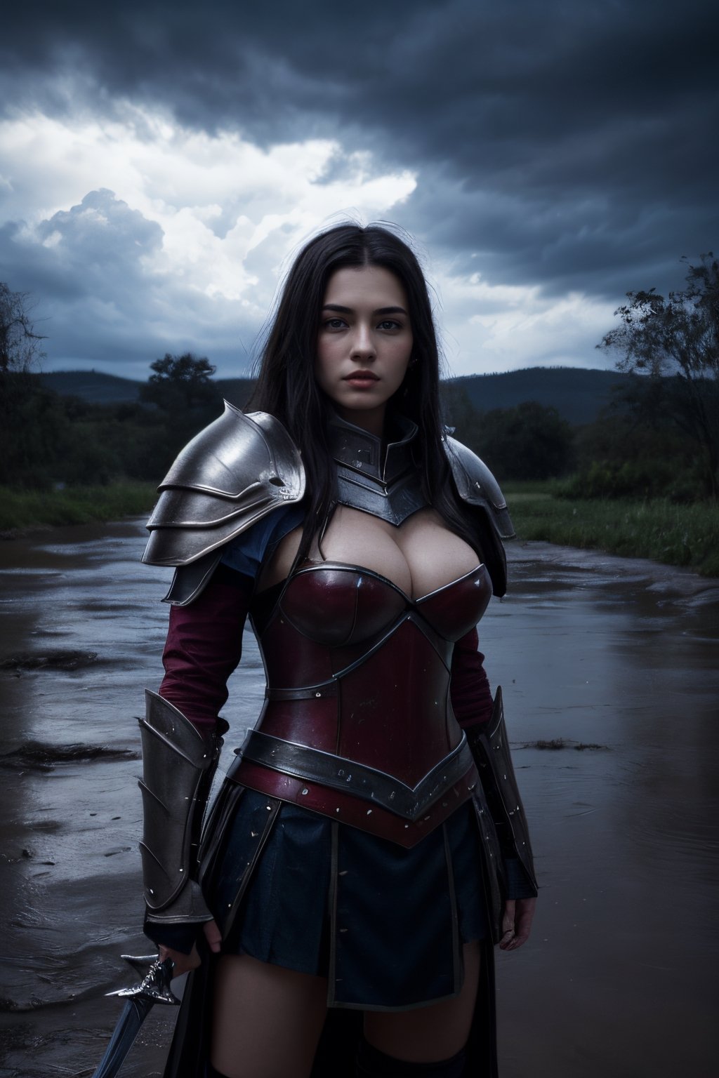 Very high quality image, extreme details of realism, a young warrior girl, big breasts, red armor, fighting in the middle of heavy rain, cloudy day with low light, close-up view from the front looking at the viewer,  phblue, Very high quality image, extreme details of realism, a young warrior girl, big breasts, red armor, fighting in the middle of heavy rain, cloudy day with low light, close-up view from the front looking at the viewer, in combat pose with sword,phblue,scenery