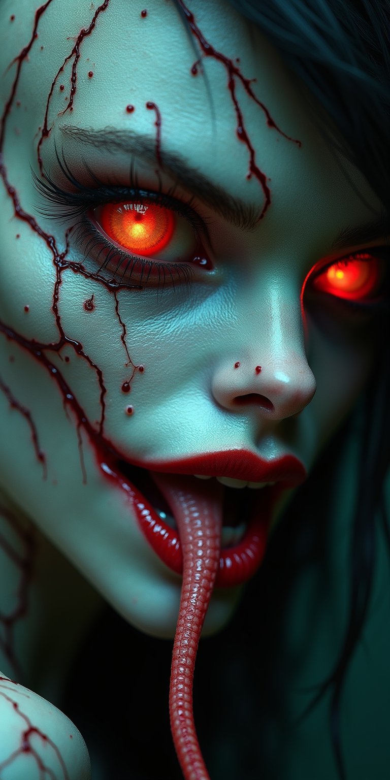 a beautiful female demon worthy of a scene from a sci-fi horror movie, beautiful detailed eyes, beautiful detailed red lips, extremely detailed face and eyes, long eyelashes, long snake-like tongue, intricate insect-like features, bright compound eyes, vibrant colors, dramatic lighting, cinematic atmosphere, 32k, high quality, masterpiece, white skin (veins protruding from the skin on her face),Fantasy detailers 