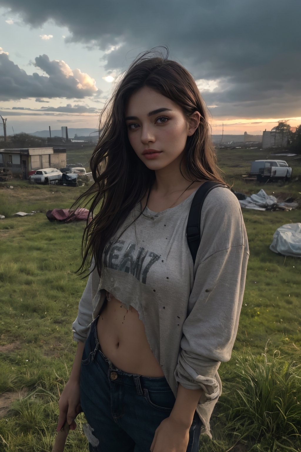 Generates a high quality image, masterpiece, extreme details, ultra definition, extreme realism, high quality lighting, 16k UHD, a beautiful young woman of 25 years old, messy and dirty hair with grass, dirty and worn clothes, tired and dirty face, with an expression of fear, a stick in hand, walking in a destroyed city, post-apocalyptic scene, dim light, very cloudy sky