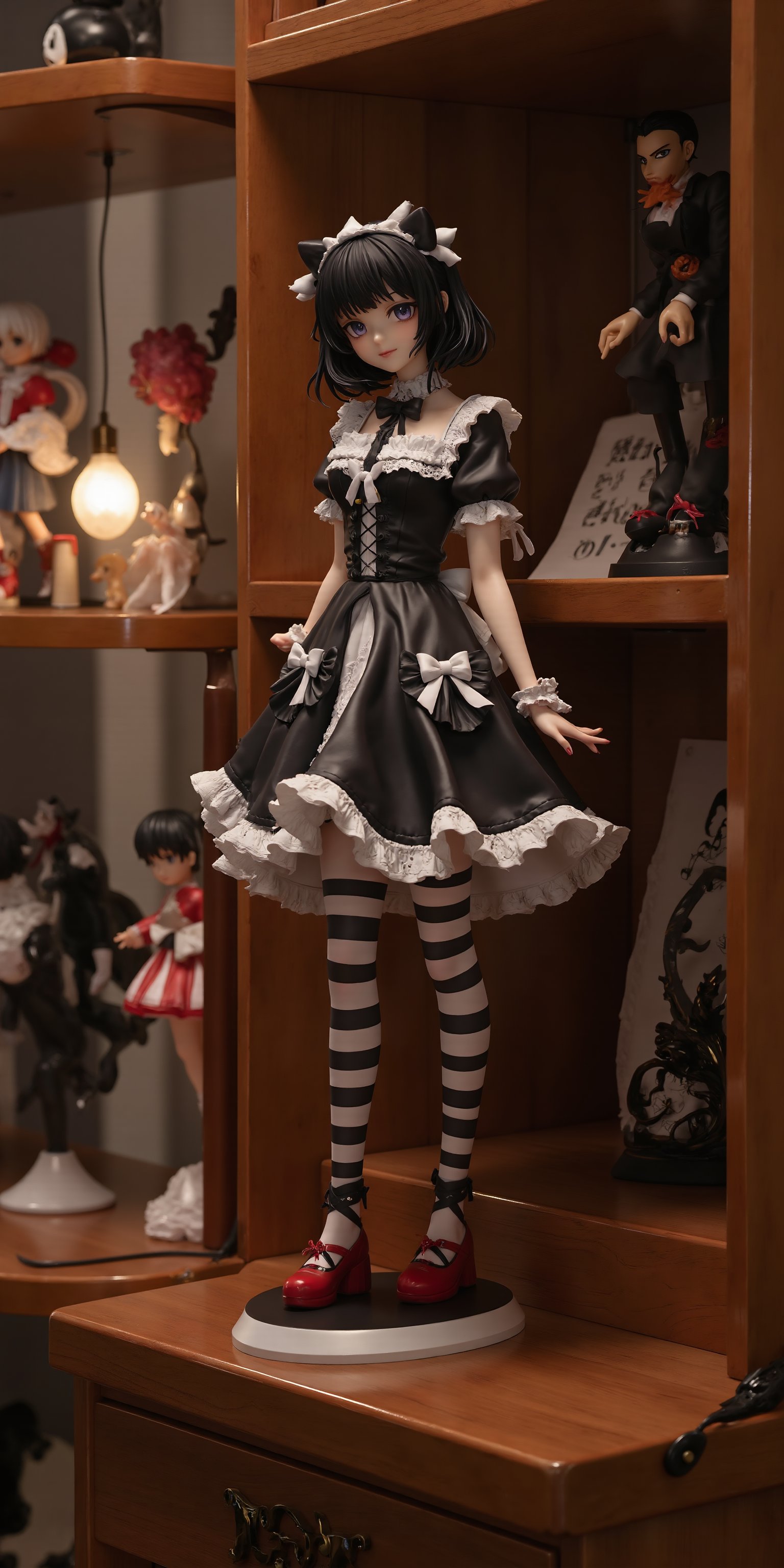 A detailed display of a Gothic Lolita anime resin figure resembling Haruhi Suzumiya standing on a shelf for exhibition. The figure is wearing a black and white frilly dress with lace and bows, striped stockings, and red shoes. The shelf is made of polished wood, with soft lighting emphasizing the delicate details of the figure. In the background, other anime figures and decorations are faintly visible, but the focus is entirely on the Gothic Lolita figure. The room is softly lit, giving the display a warm and inviting atmosphere, perfect for an anime fan's collection