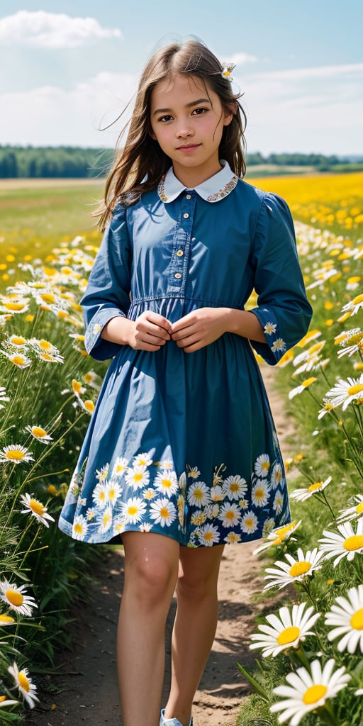 Create a high quality image, extreme detail, ultra definition, extreme realism, high quality lighting, 16k UHD, an 8 year old girl, country print dress, collecting daisies for her mother, sunny meadow