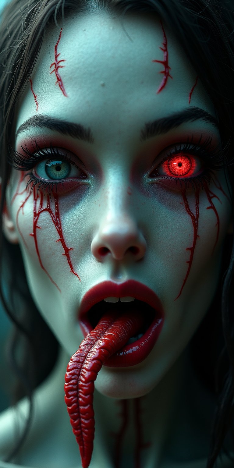 a beautiful female demon worthy of a scene from a sci-fi horror movie, beautiful detailed eyes, beautiful detailed red lips, extremely detailed face and eyes, long eyelashes, long snake-like tongue, intricate insect-like features, bright compound eyes, vibrant colors, dramatic lighting, cinematic atmosphere, 32k, high quality, masterpiece, white skin (veins protruding from the skin on her face), full body view, Fantasy detailers 