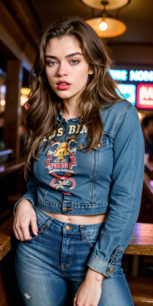 Create a high quality image, extreme detail, ultra definition, extreme realism, high quality lighting, 16k UHD, one girl, light brown hair, beautiful eyes, bright red rouge lips, big breasts, tight t-shirt, denim jacket, tight jeans, cowboy boots, in an old blues bar, dim lighting, blues band playing, all eyes on her