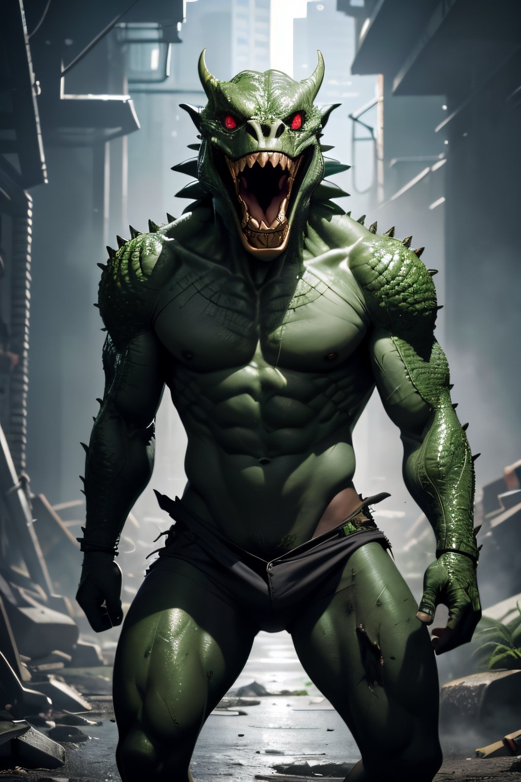 Generates a high quality image, masterpiece, extreme details, ultra definition, extreme realism, high quality lighting, 16k UHD, a mutant, scaly green skin, sharp teeth, torn and dirty clothes, bulging eyes