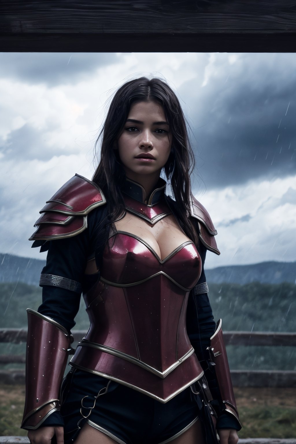 Very high quality image, extreme details of realism, a young warrior girl, big breasts, red armor, fighting in the middle of heavy rain, cloudy day with low light, close-up view from the front looking at the viewer,  phblue, Very high quality image, extreme details of realism, a young warrior girl, big breasts, red armor, fighting in the middle of heavy rain, cloudy day with low light, close-up view from the front looking at the viewer, in combat pose with sword