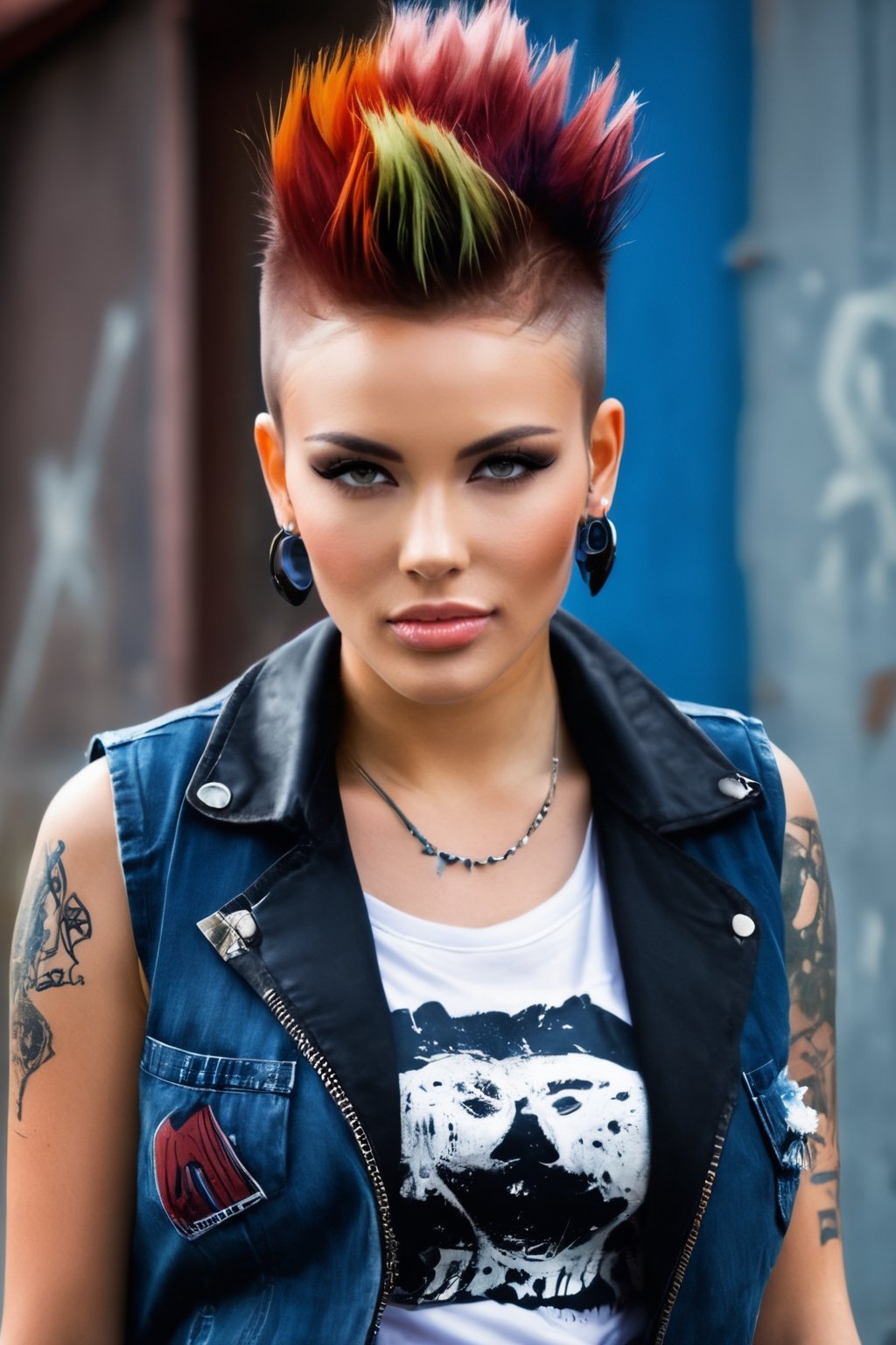 Creates a very high quality image, extreme details of realism, ultra definition, 16k UHD, beautiful girl, hair shaved on the sides and red mohawk in the center, beautiful brown eyes, piercing on the face, dirty t-shirt punk band logo, vest Dirty and worn jeans, dirty and worn jeans, military boots, spray can in hand, angry expression