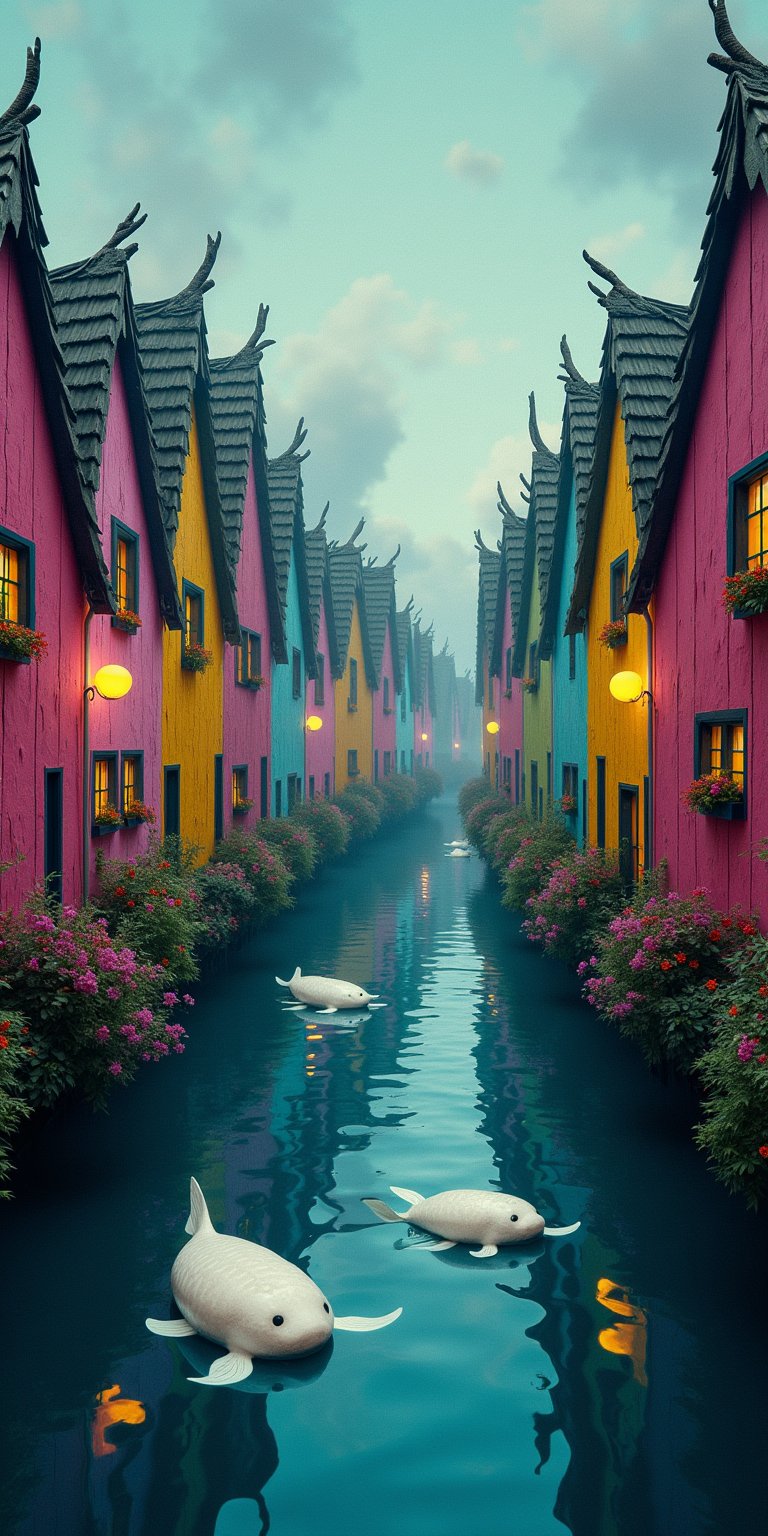 creates a masterpiece, of a floating village on a river with pink, yellow and blue houses, which sway on the water while ghost fish swim beneath them in a spooky Tim Burton style.