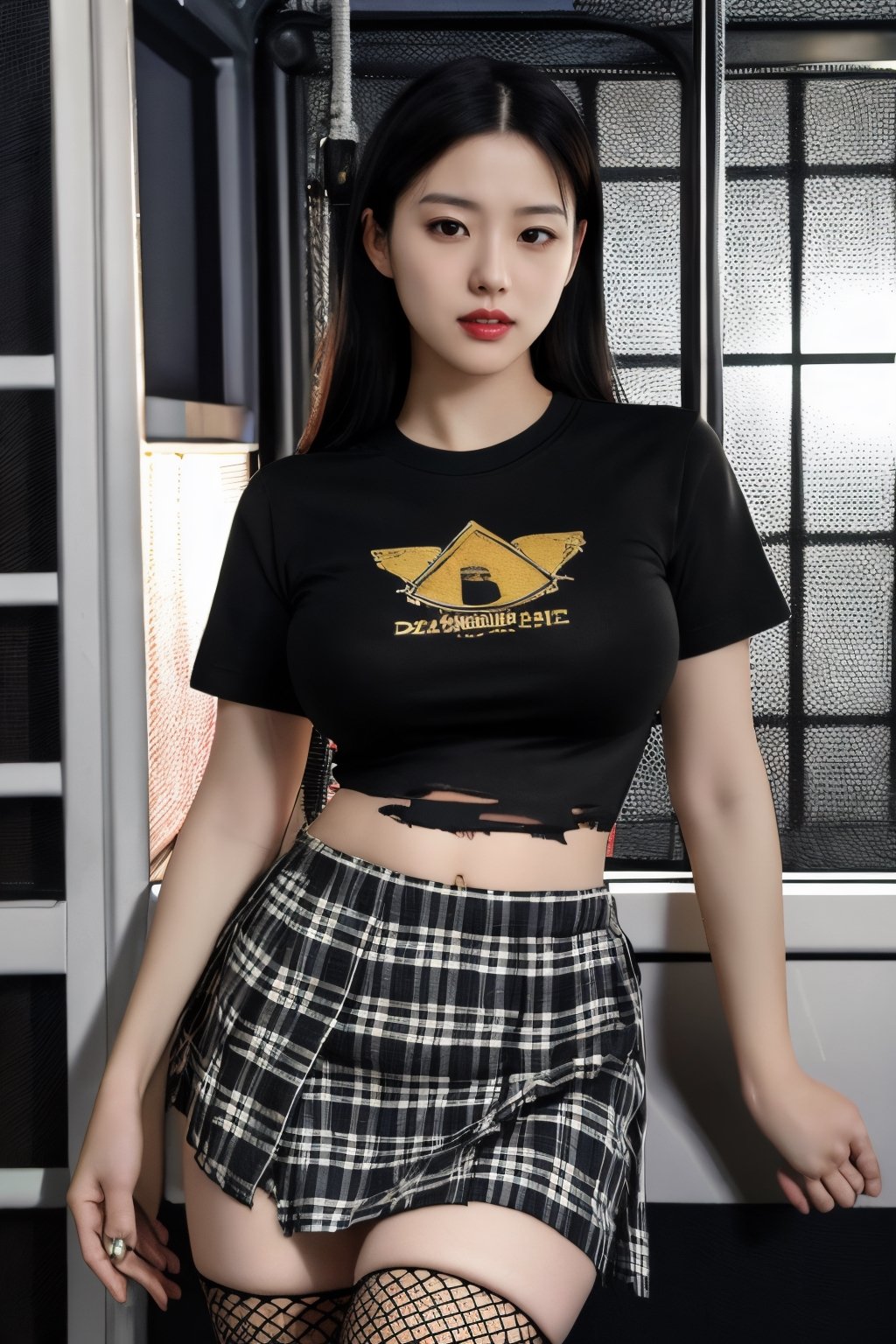 [masterpiece], very high quality image, extreme details of realism, ultra definition, 16k UHD, darl girl, black hair, dark makeup, big breasts, plaid skirt, black ripped t-shirt, torn fishnet stockings, in a dingy enclosure, 