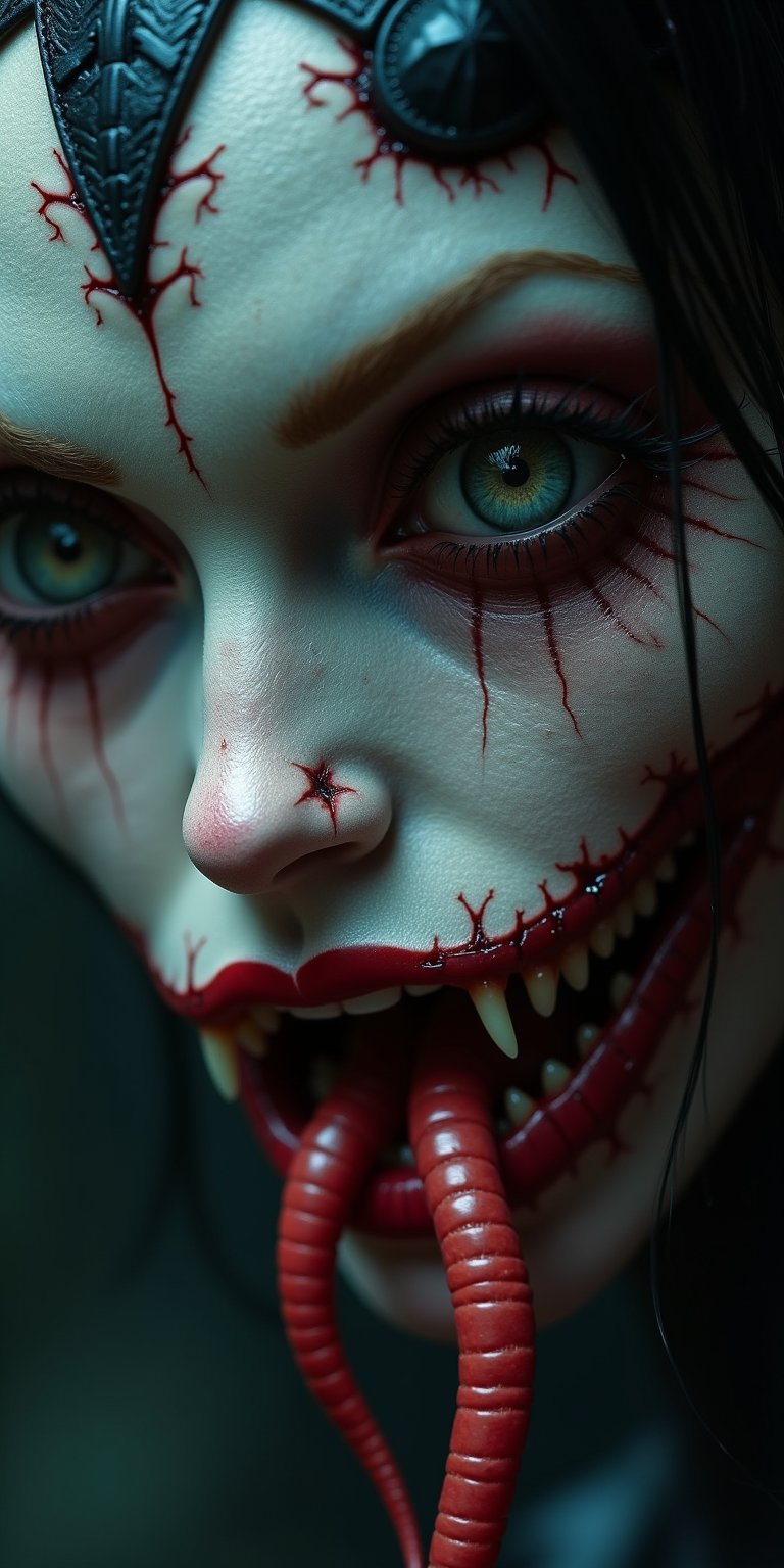 a beautiful female demon worthy of a scene from a sci-fi horror movie, beautiful detailed eyes, beautiful detailed red lips, extremely detailed face and eyes, long eyelashes, long snake-like tongue, intricate insect-like features, bright compound eyes, vibrant colors, dramatic lighting, cinematic atmosphere, 32k, high quality, masterpiece, white skin (veins protruding from the skin on her face),Fantasy detailers 