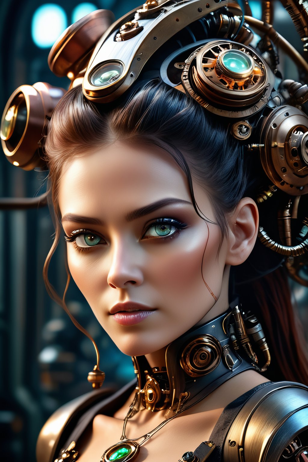 Generates a close-up portrait, a high quality image, a masterpiece, extreme details, ultra definition, extreme realism, high quality lighting, 16k UHD, a fusion between machine and organism, a biomechanical woman, steampunk elements with human tissues in A creation of science fiction and horror, 